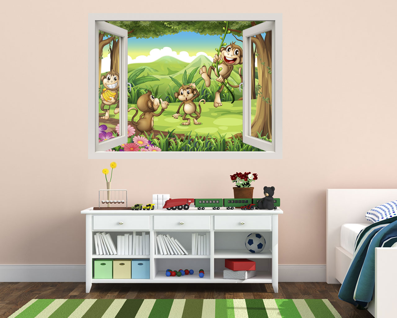 Adesivo murale finestra "SCIMMIETTE NELLA GIUNGLA" - Infanzia - Finestra illusione