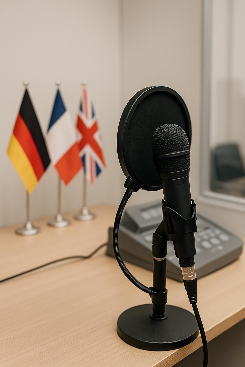 Une mic distribuée sur une table équipée d'une sonde dans un studio diffusant une chaîne radio.