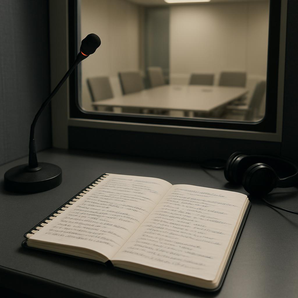 This image depicts a quiet environment with an open notebook in the foreground amid various interpreter equipment, suggest...