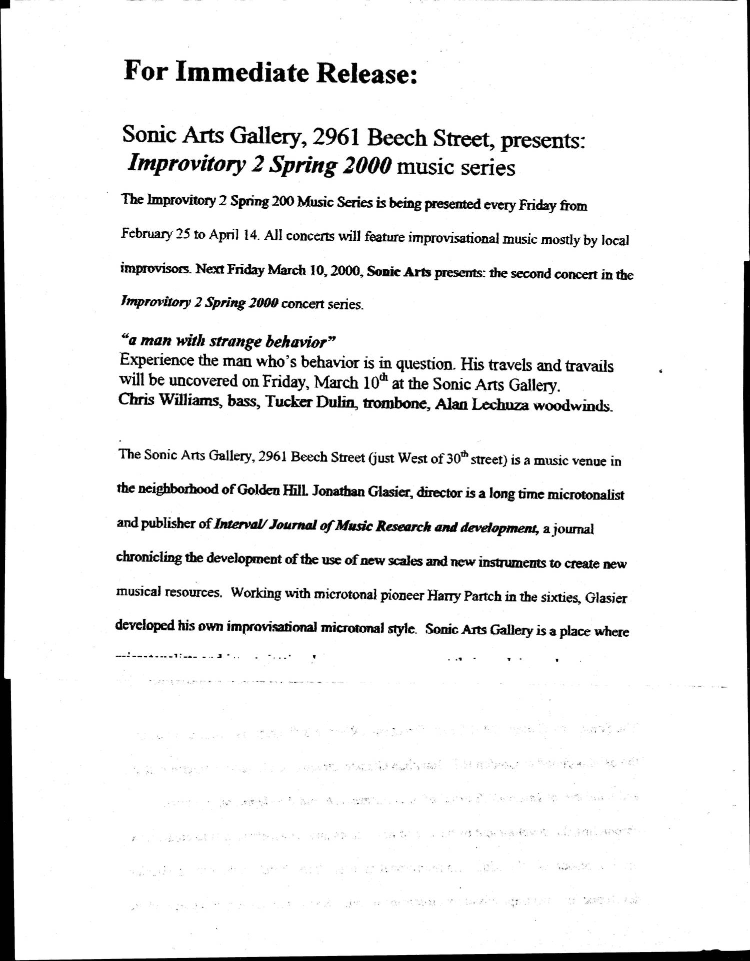 Press release for Improvitory 2 Spring 2000 music series at Sonic Arts Gallery, featuring improvisational music performances.