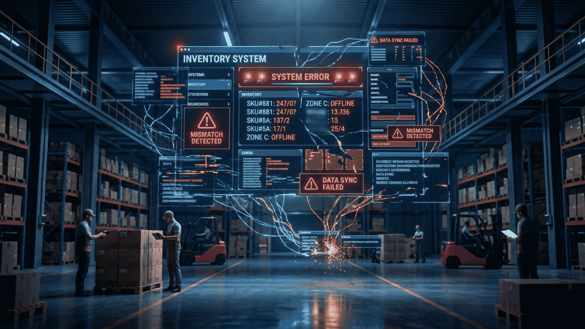 Inventory verification process failure showing warehouse system errors, data sync issues, and mismatch detection with workers performing stock checks.