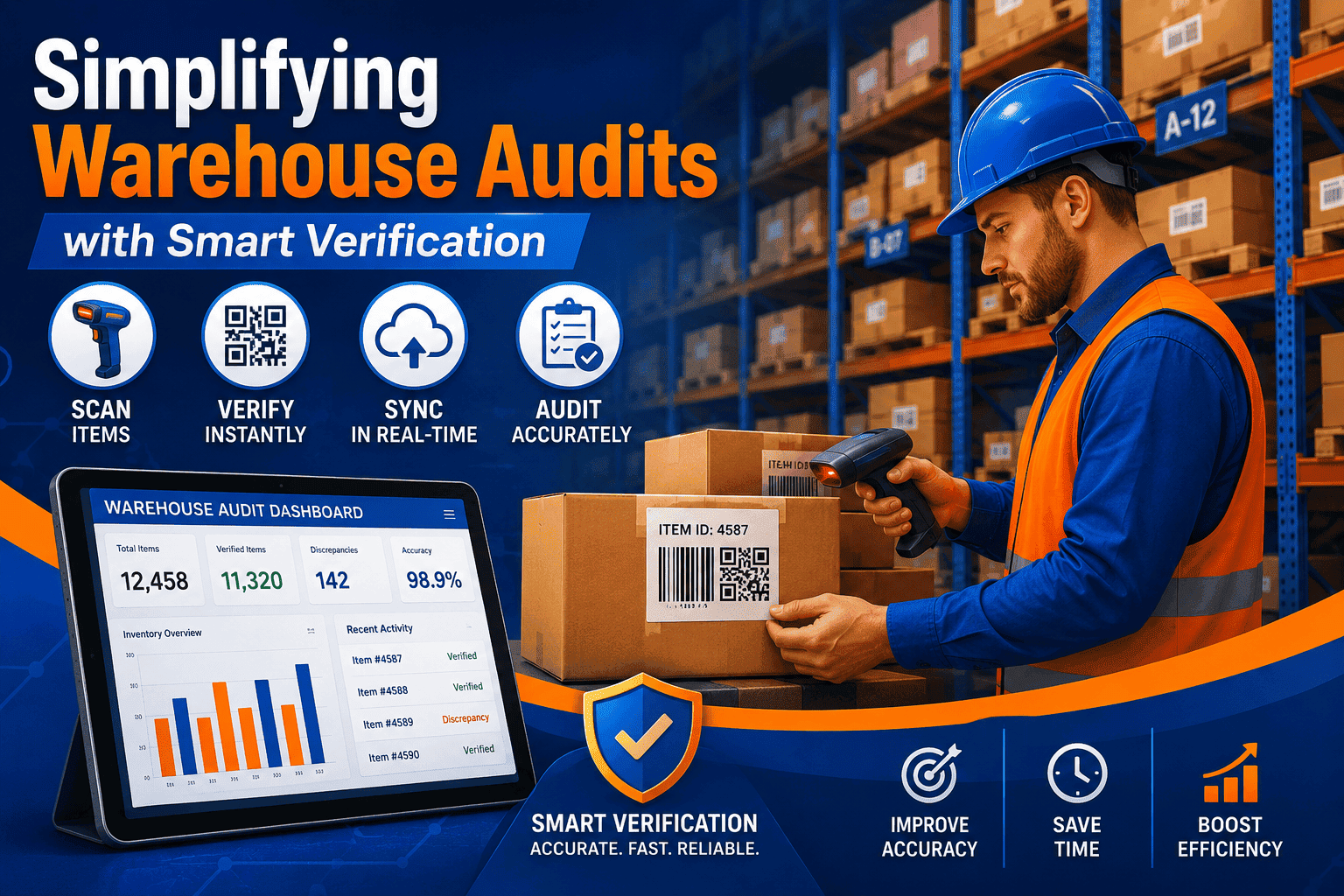 Smart warehouse audits using barcode inventory tracking and smart verification technology for accurate warehouse inventory management and real-time stock verification.