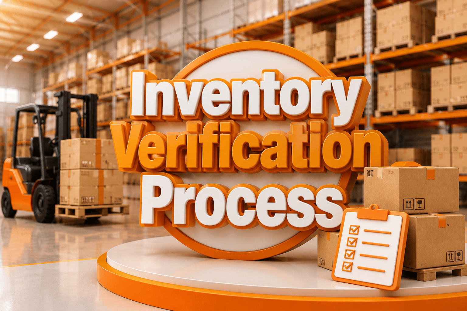Inventory Verification Process in a modern warehouse with 3D inventory boxes and digital verification concept
