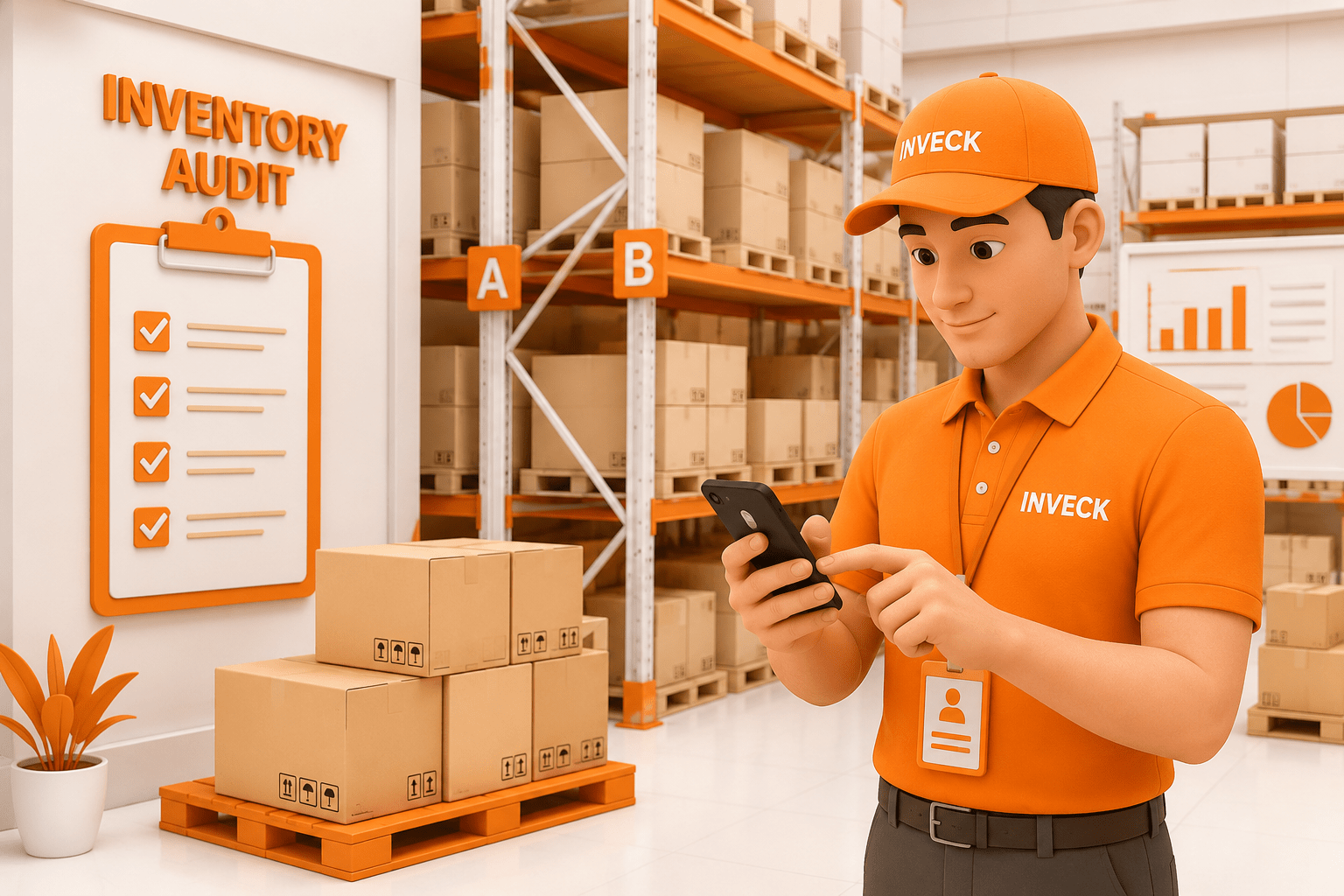 3D illustration of a warehouse worker using a smartphone to verify inventory inside a modern warehouse with organized storage racks and boxes, representing inventory audit preparation."