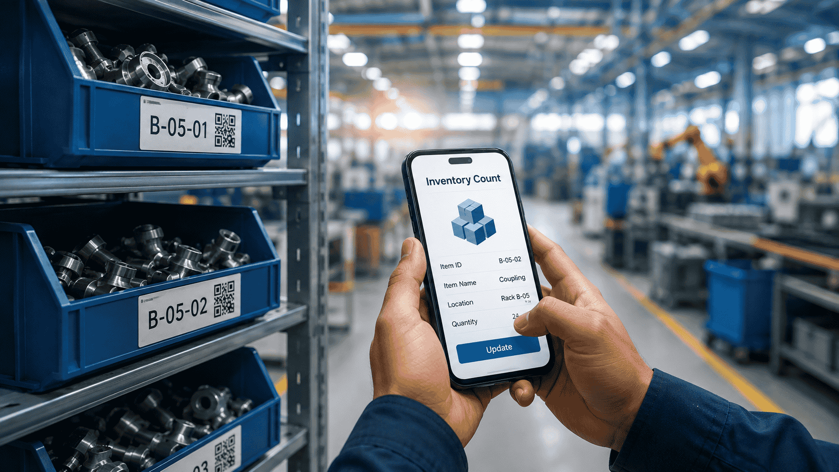 A manufacturing worker uses a smartphone for Digitize Physical Inventory Counting beside labeled storage bins in a factory.