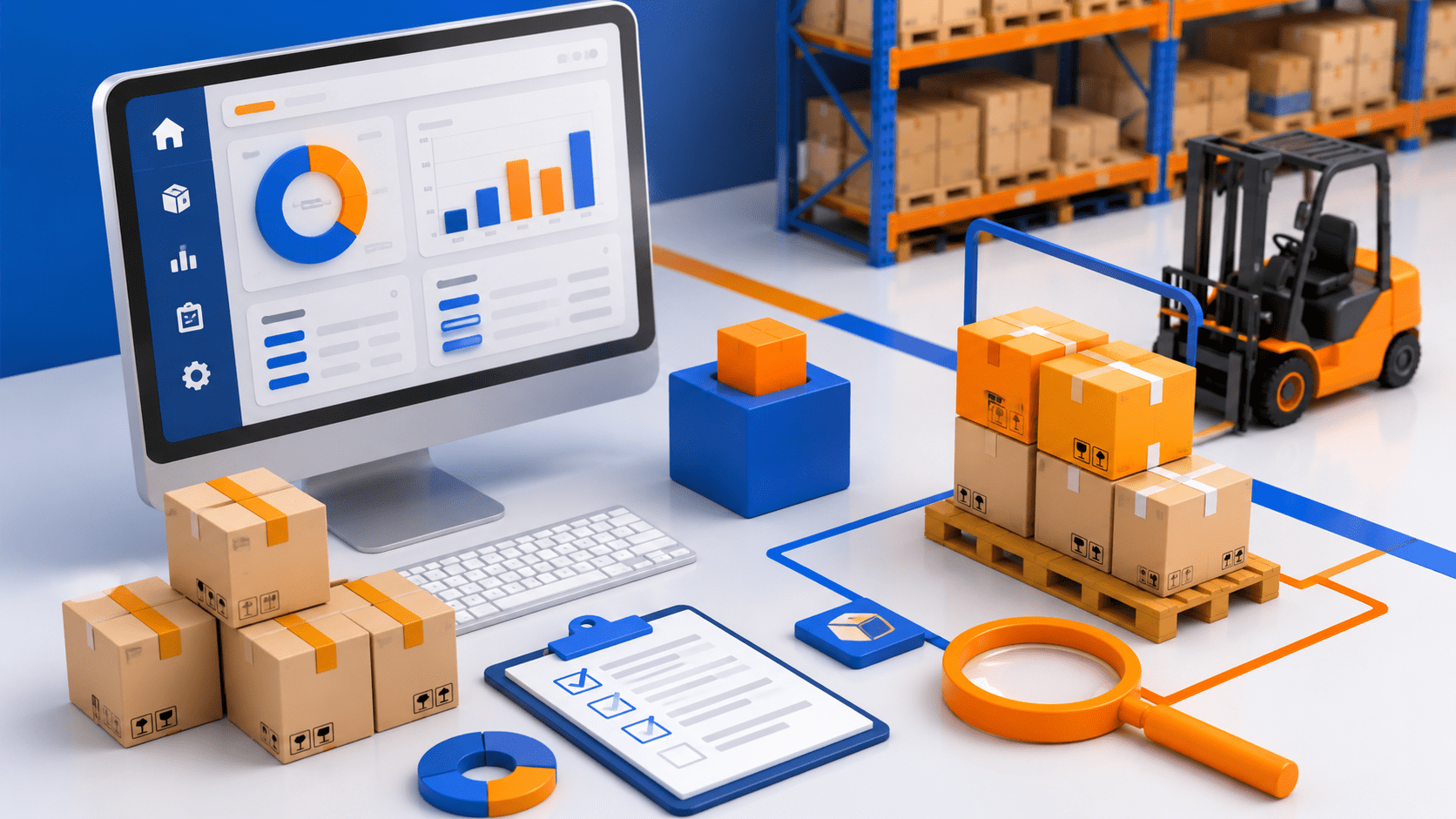 3D illustration of ERP inventory data and physical inventory verification in a modern warehouse with boxes, shelves, and digital inventory records.
