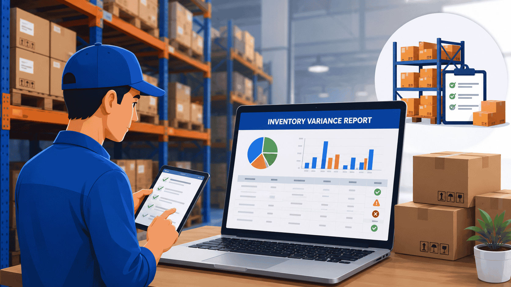 Inventory variance report showing a warehouse worker using a mobile device to verify stock, with inventory data and variance charts displayed on a laptop.