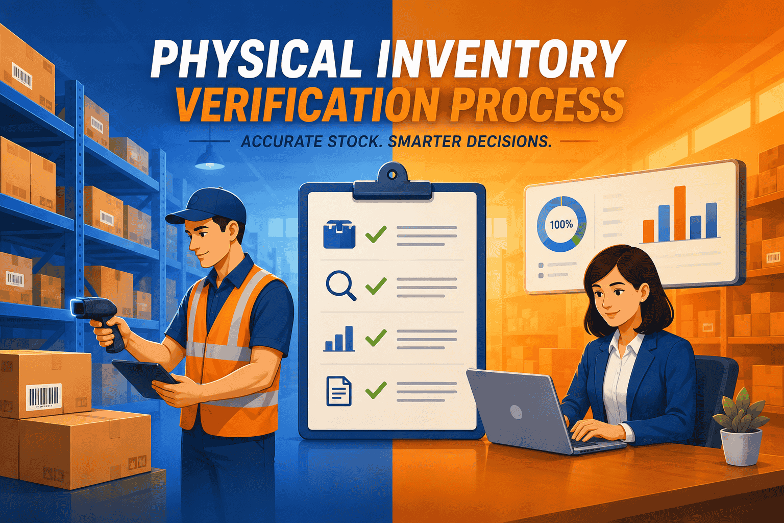 Physical Inventory Verification Process illustration showing a warehouse worker scanning inventory, a verification checklist, and an inventory dashboard representing accurate stock verification and inventory management.