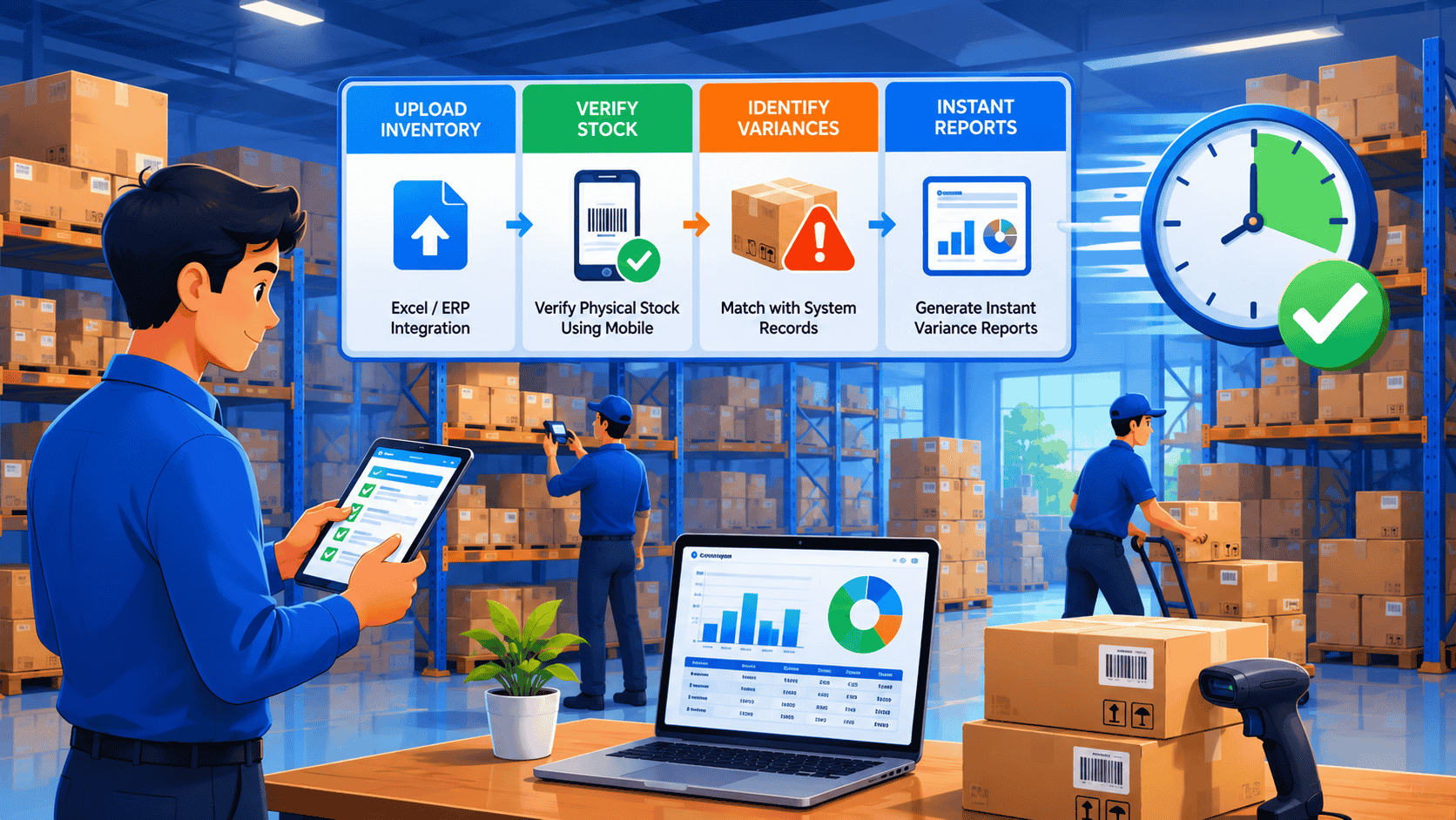 Reduce Inventory Verification Time with a modern warehouse illustration showing workers using mobile devices and barcode scanning to verify stock, identify inventory variances, and generate instant reports.