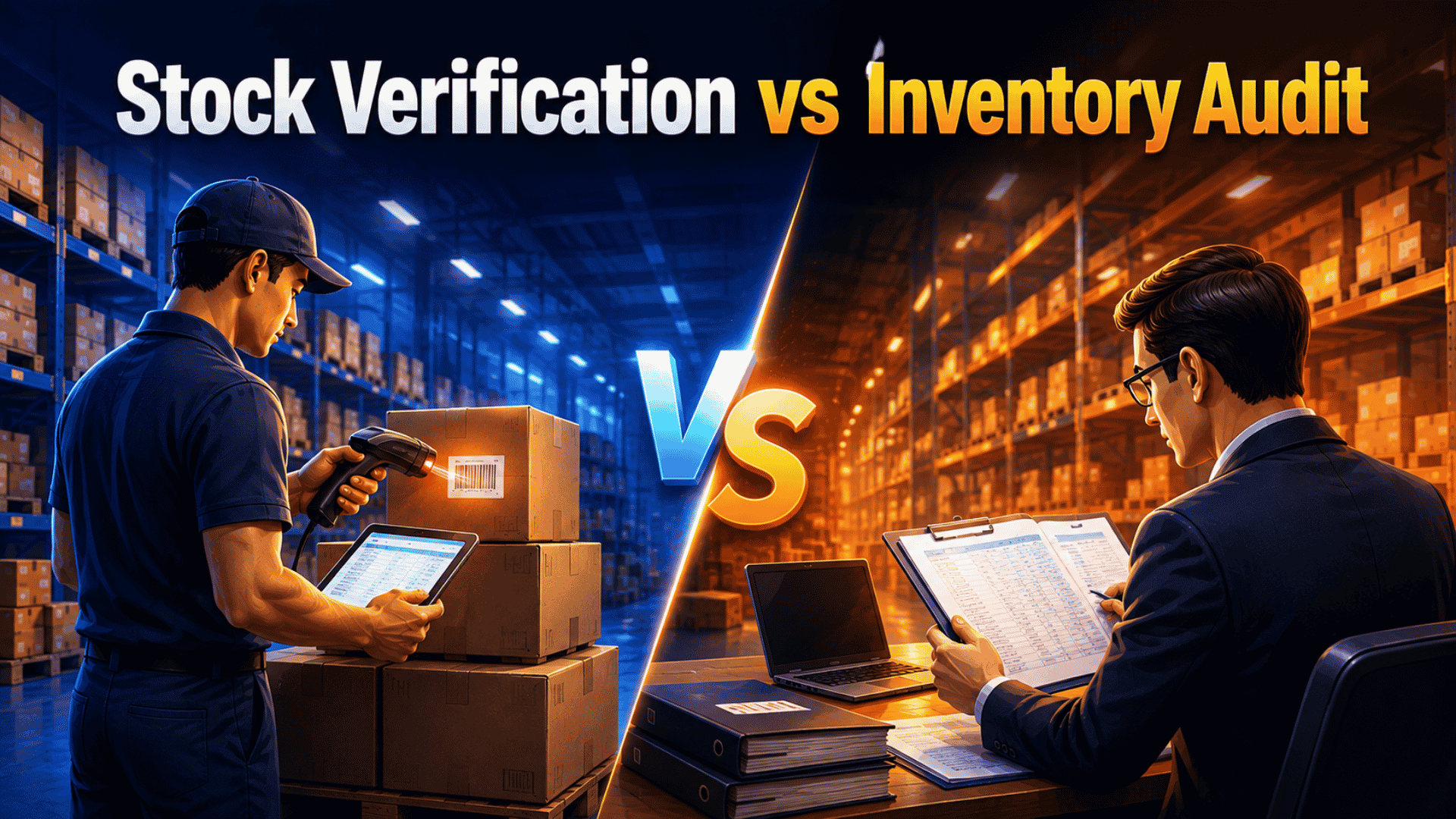 Stock Verification vs Inventory Audit comparison showing a warehouse worker scanning inventory and an auditor reviewing stock records in a modern warehouse.