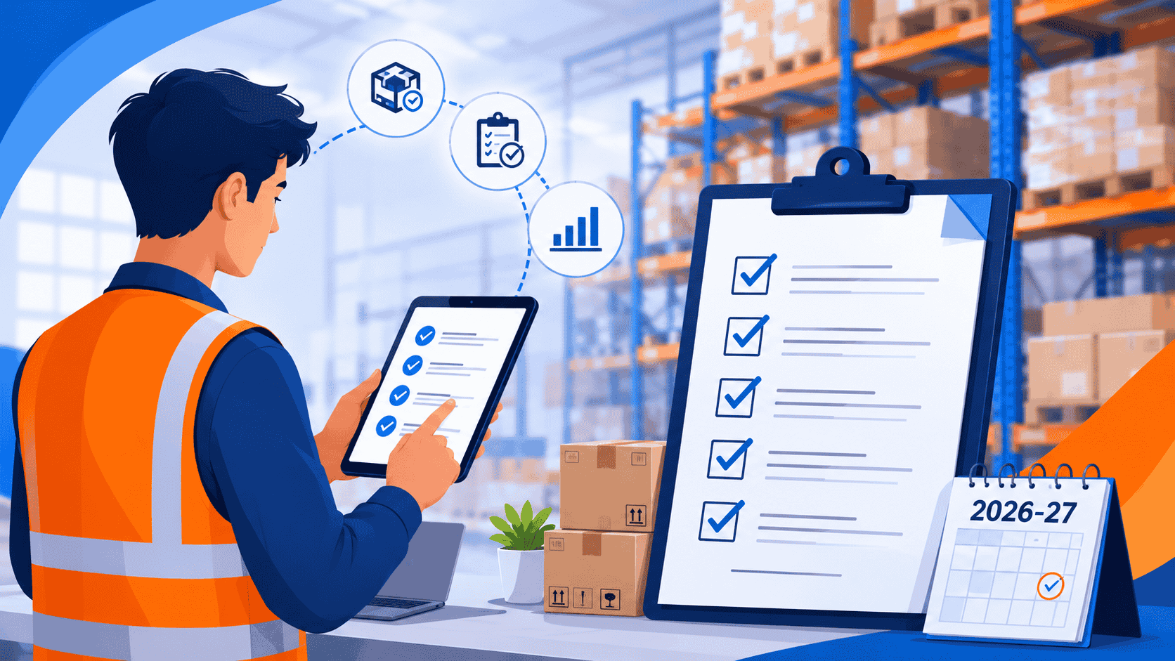 Year-end inventory verification checklist for 2026-27 featuring a warehouse worker using a tablet, inventory boxes, and a digital checklist with completed checkmarks.