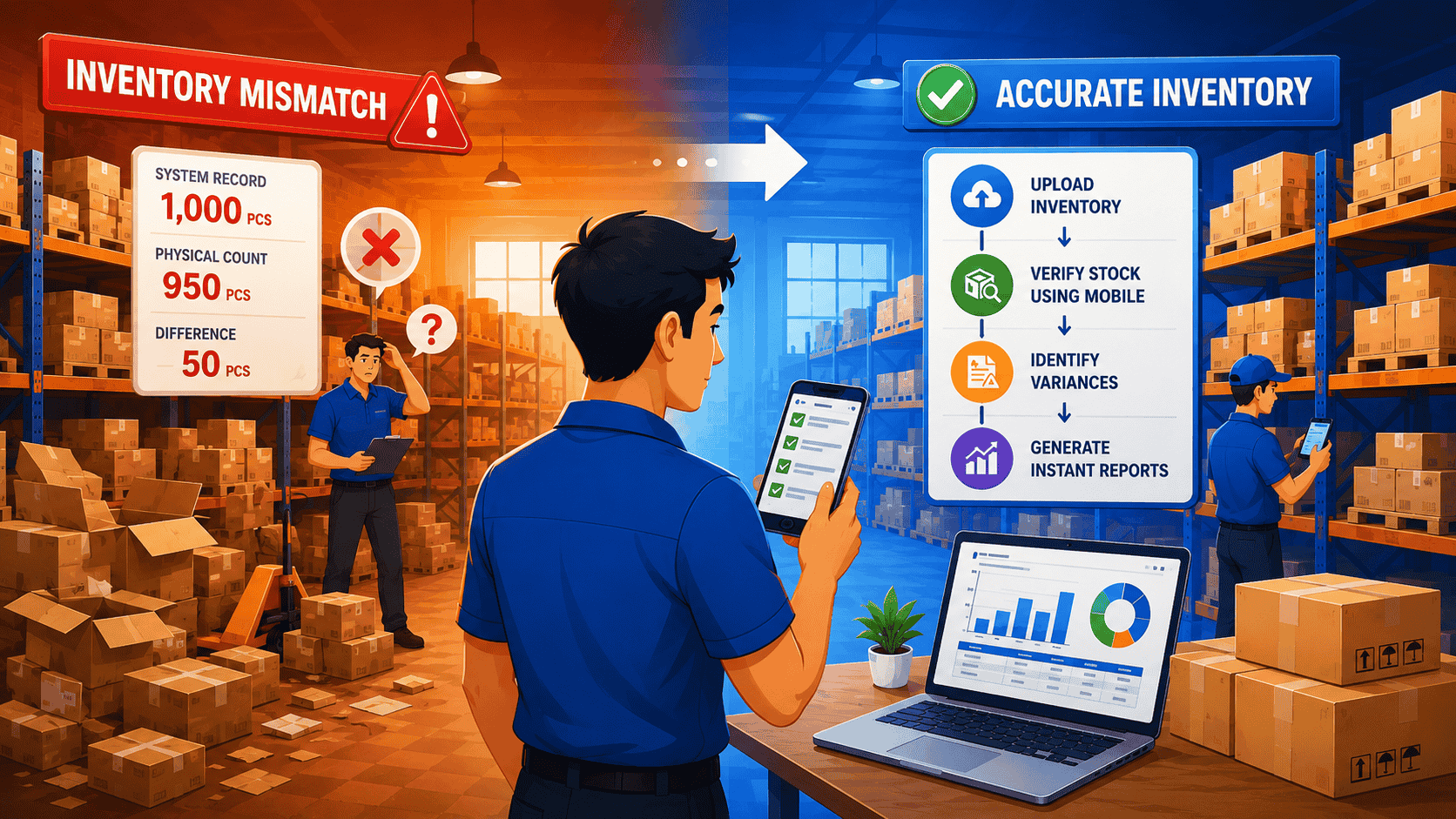 Inventory discrepancy in manufacturing showing the difference between system records and physical stock, with a worker using a mobile device to verify inventory and identify stock variances.