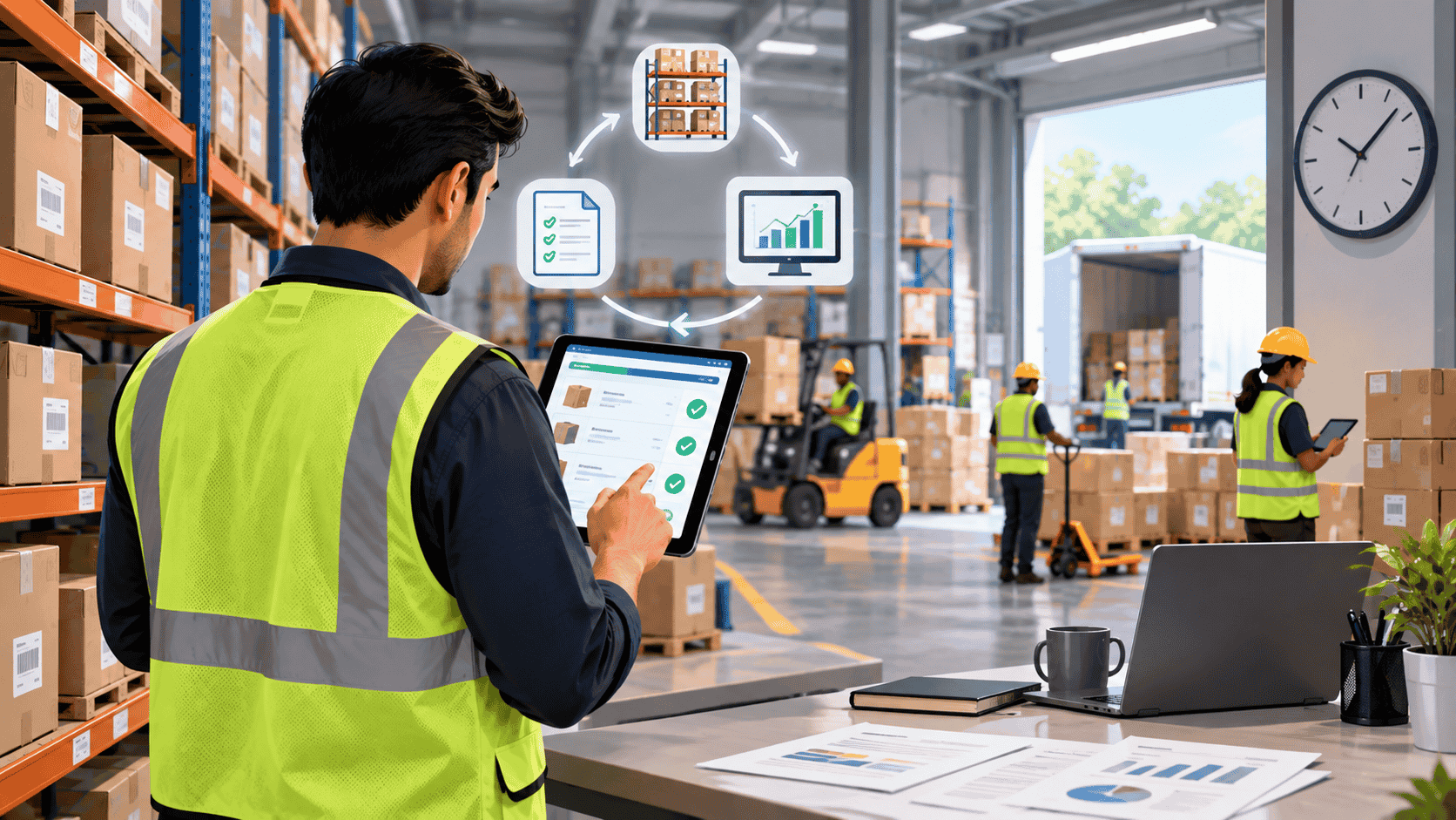 Stock Audit Without Disrupting Operations using a tablet for digital stock checking while regular warehouse activities continue.