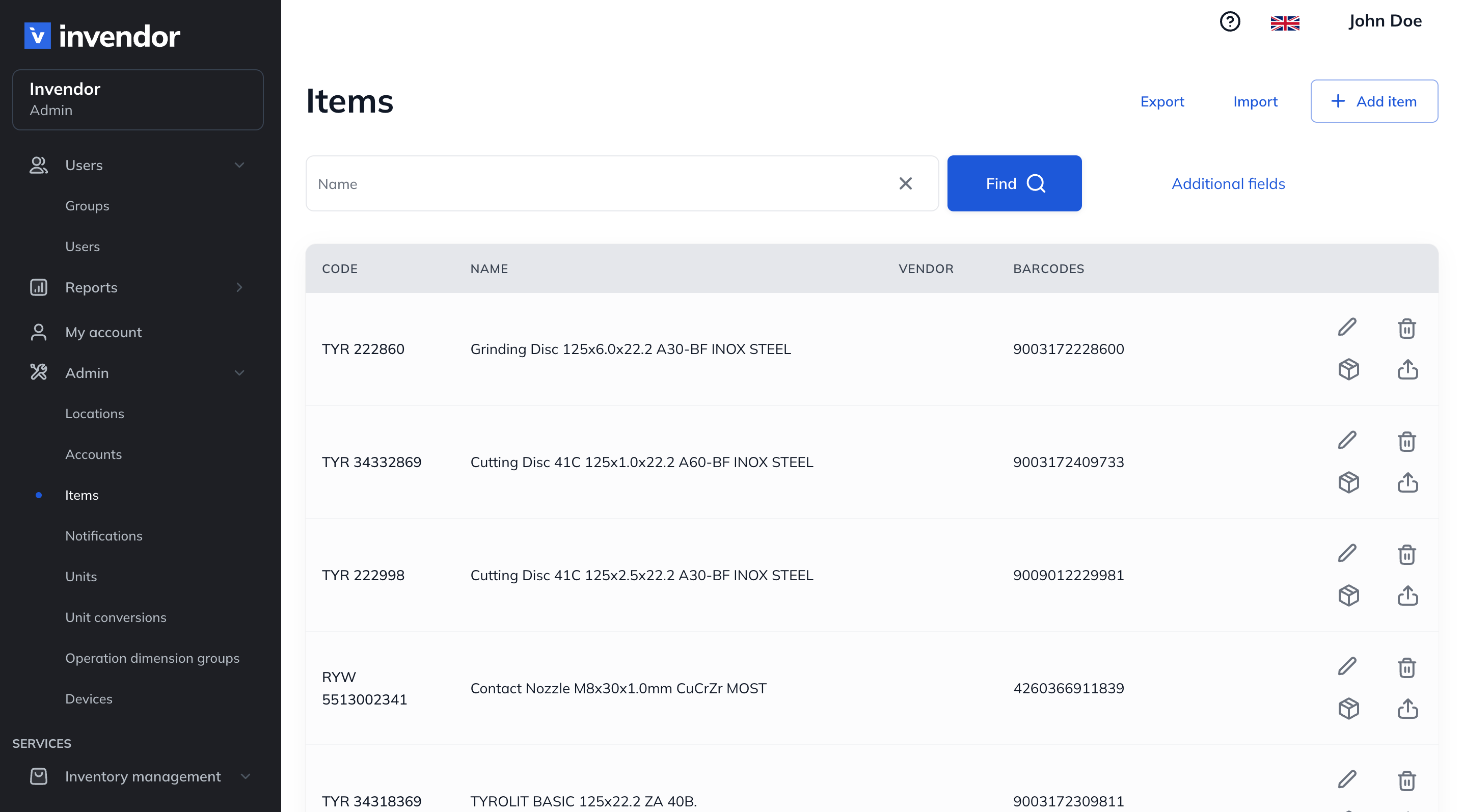 Invendor dashboard displaying the 'Items' page with a list of inventory items, including codes, names, vendors, and barcodes, alongside a navigation menu on the left.