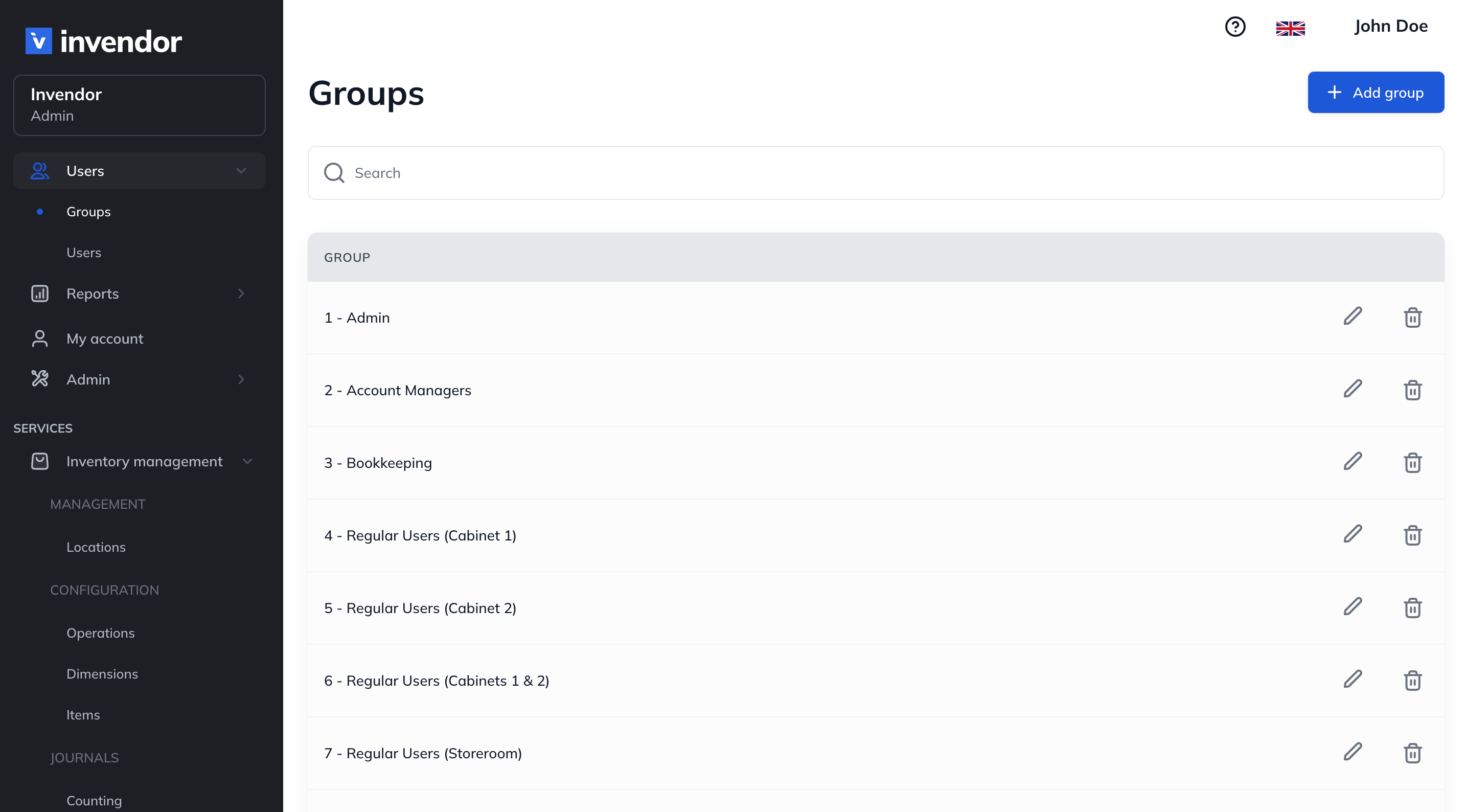 Invendor dashboard displaying the 'Groups' page with a list of user groups and options to edit or delete them, alongside a navigation menu on the left.