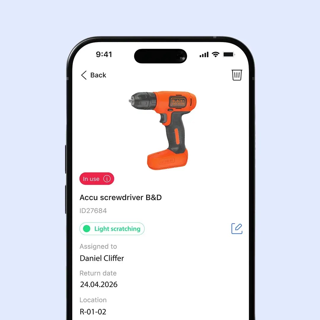 Invendor Trace app showing a tool's details: status, condition, assigned user, return date and storage location.