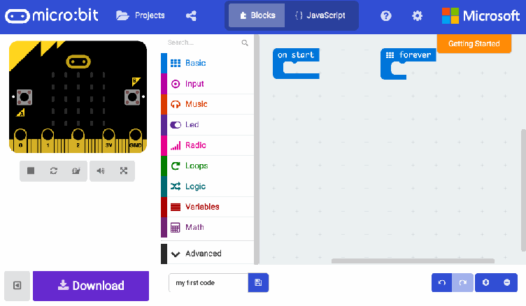 The user interface of the Microsoft MakeCode Micro:bit editor