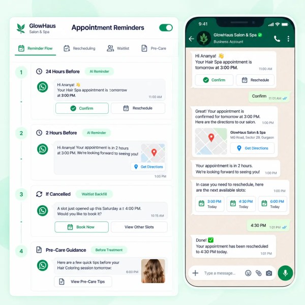 Interactive 2-way WhatsApp appointment reminder powered by AI with one-tap confirm and reschedule buttons