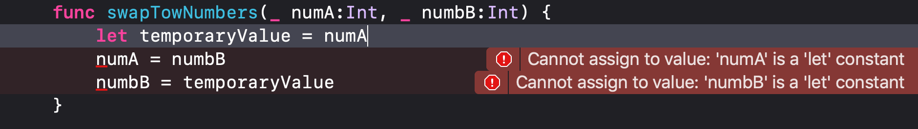 Cannont assign to value: 'numA' is a 'let'constant" - inout parameter swift