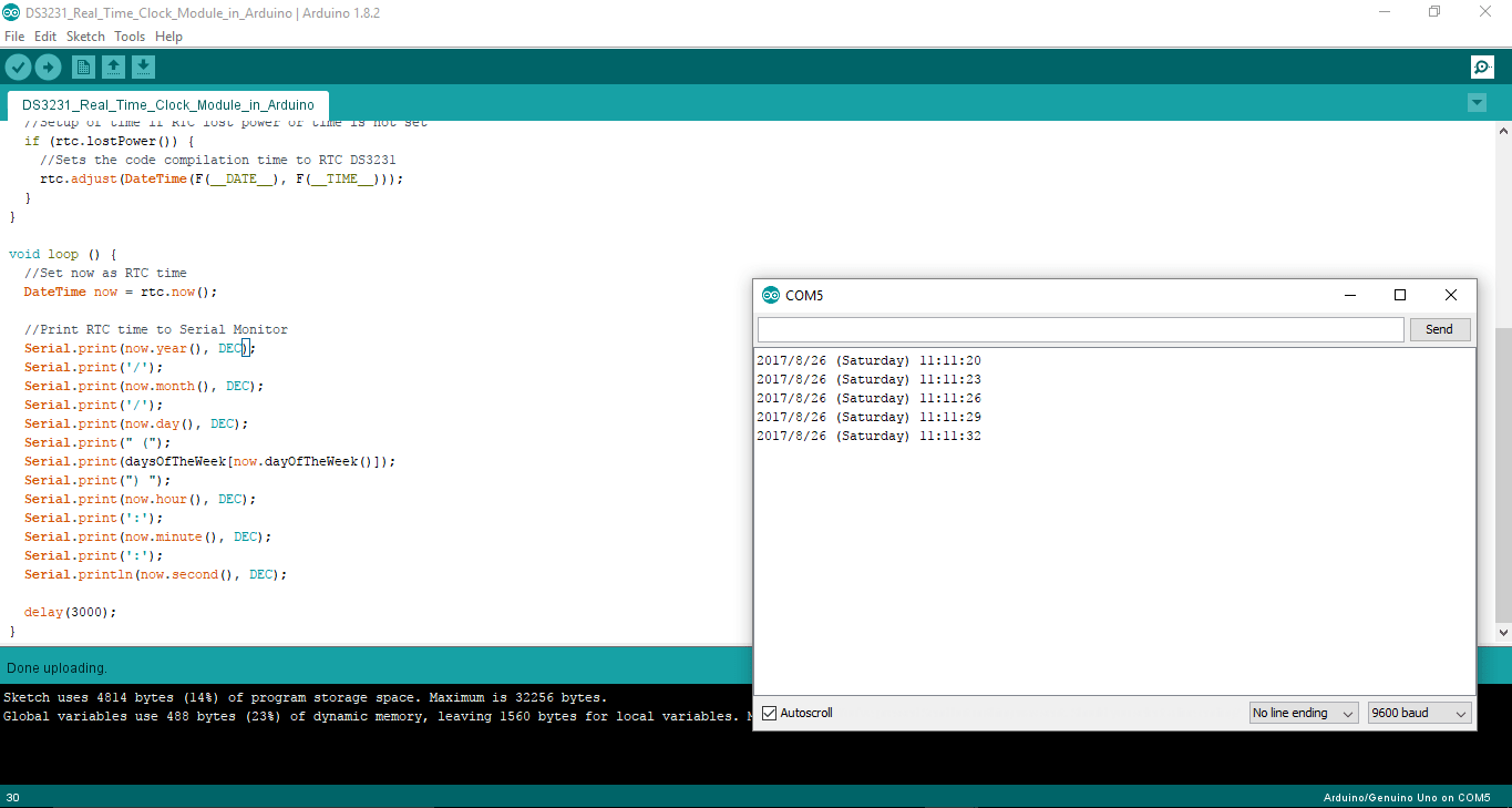 Serial Monitor of DS3231 Real Time Clock Module in Arduino - Iotguider