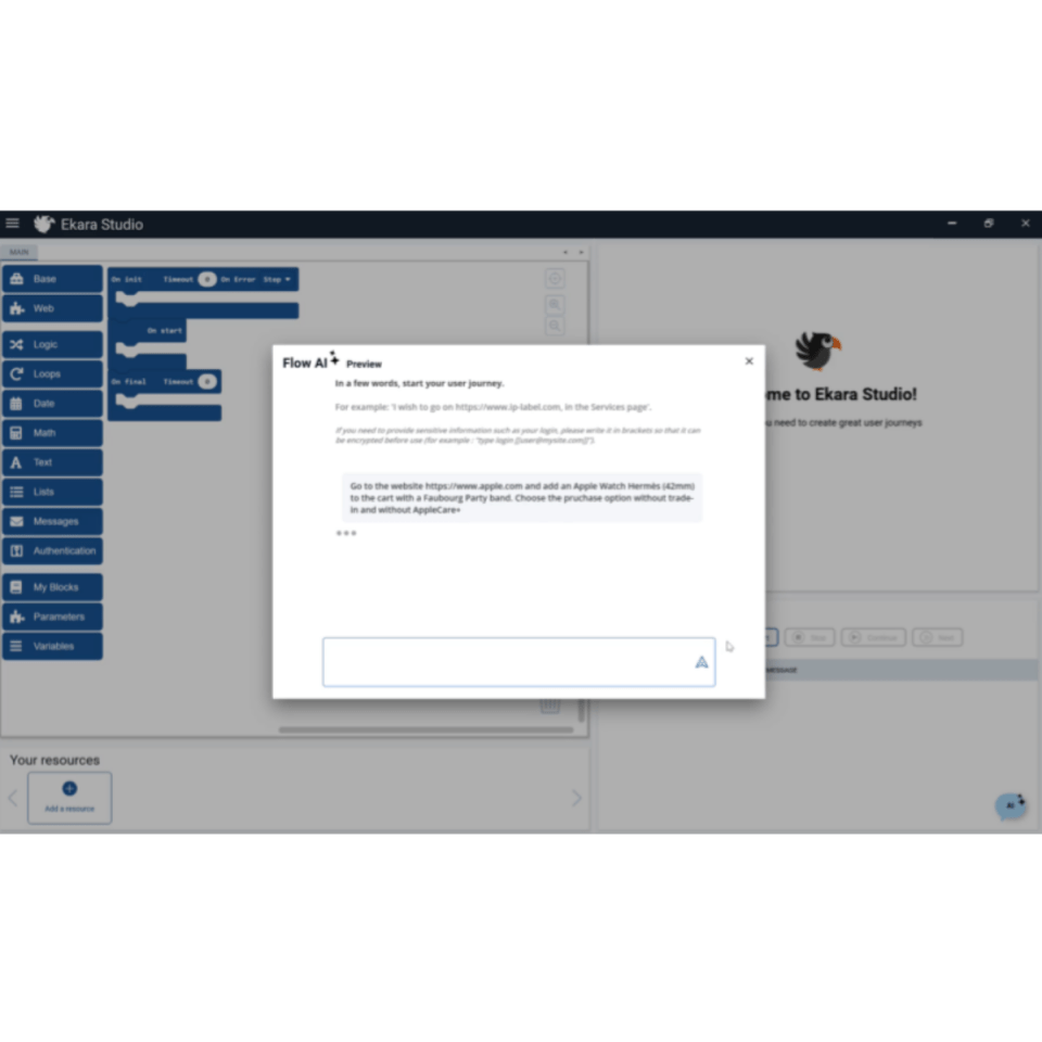 Interface Ekara Studio présentant l’assistant conversationnel Flow AI