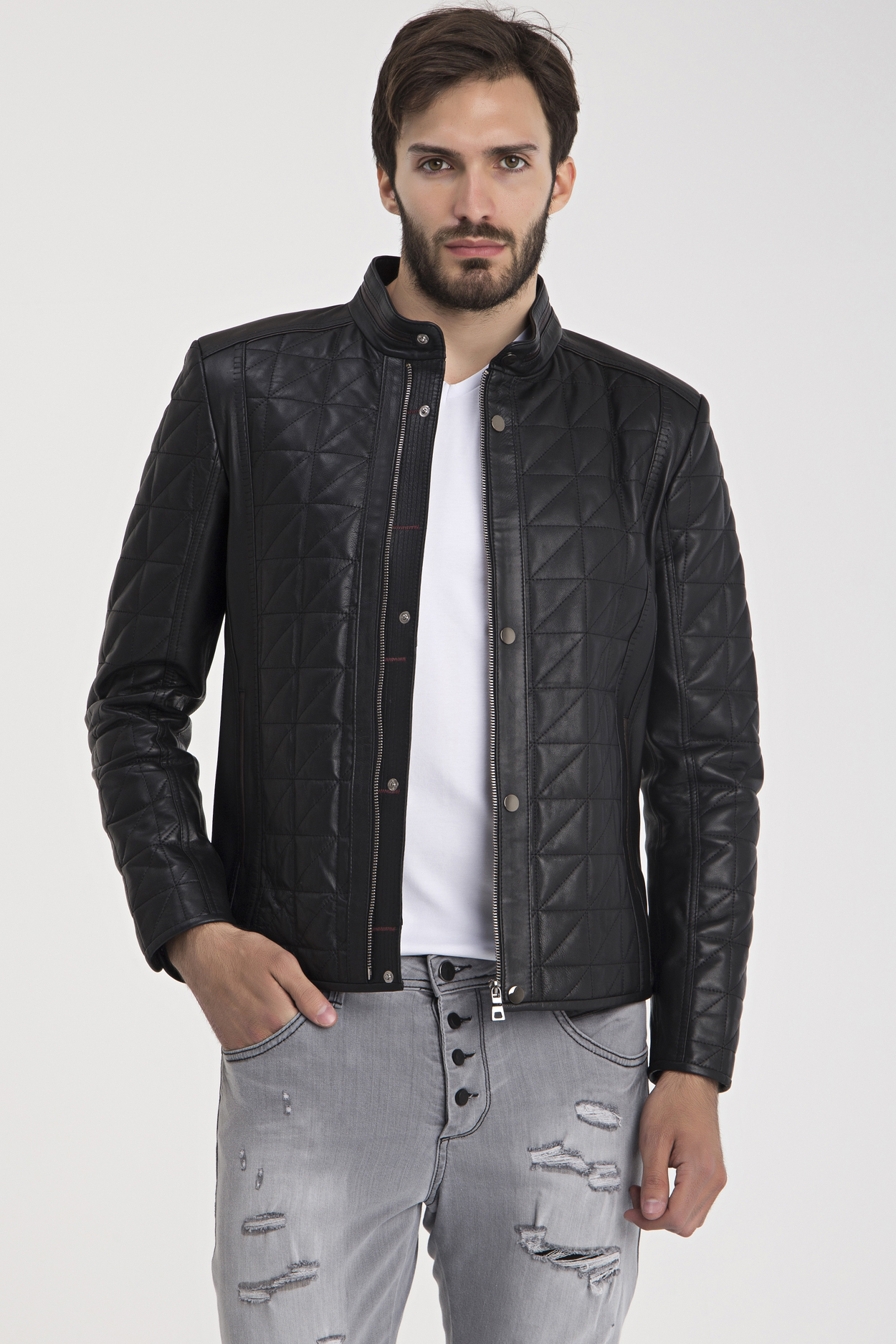 Iparelde Casual Men’s Leather Jacket with Checkered Design