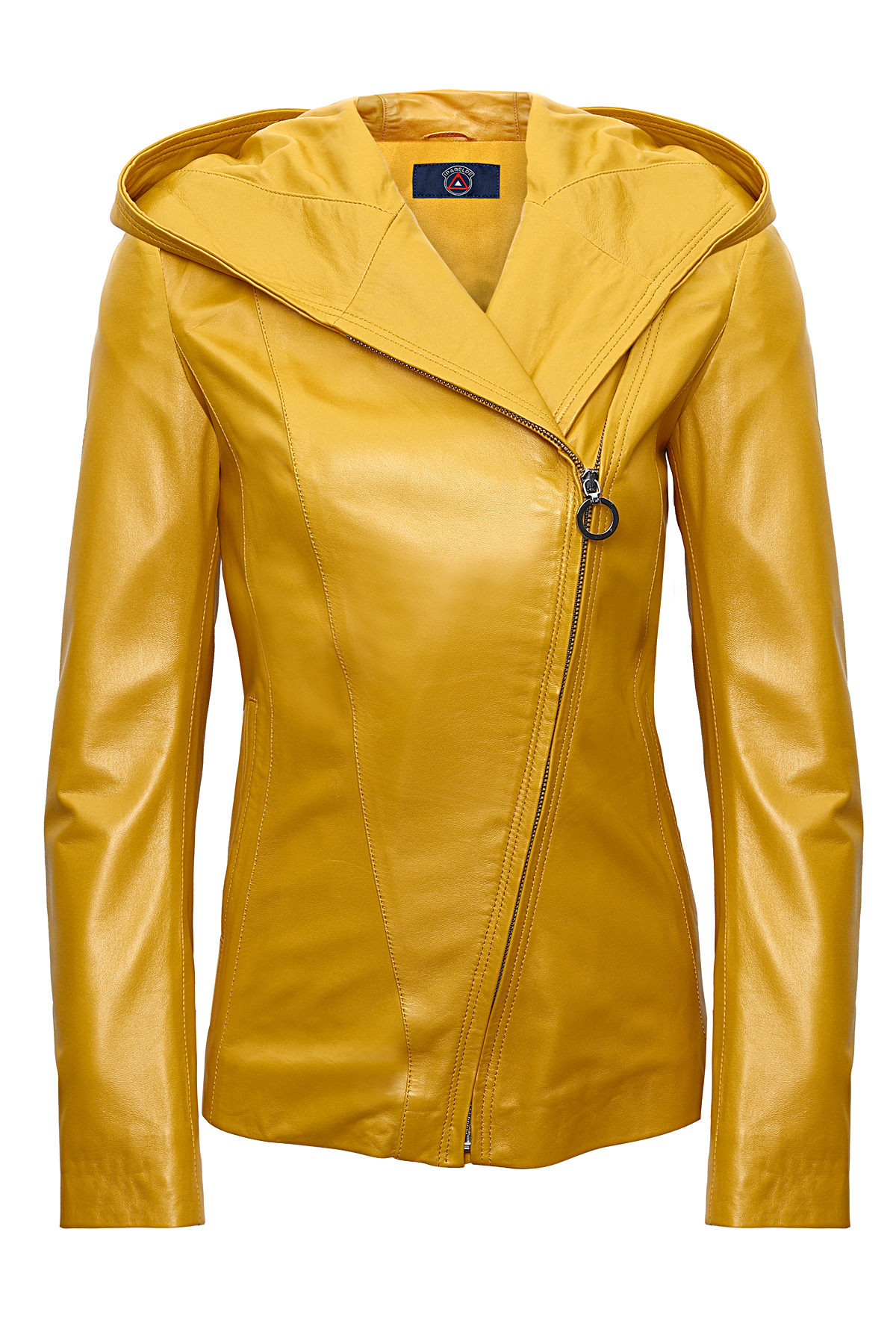 Women's Yellow Hooded Leather Jacket Asymmetric Zip