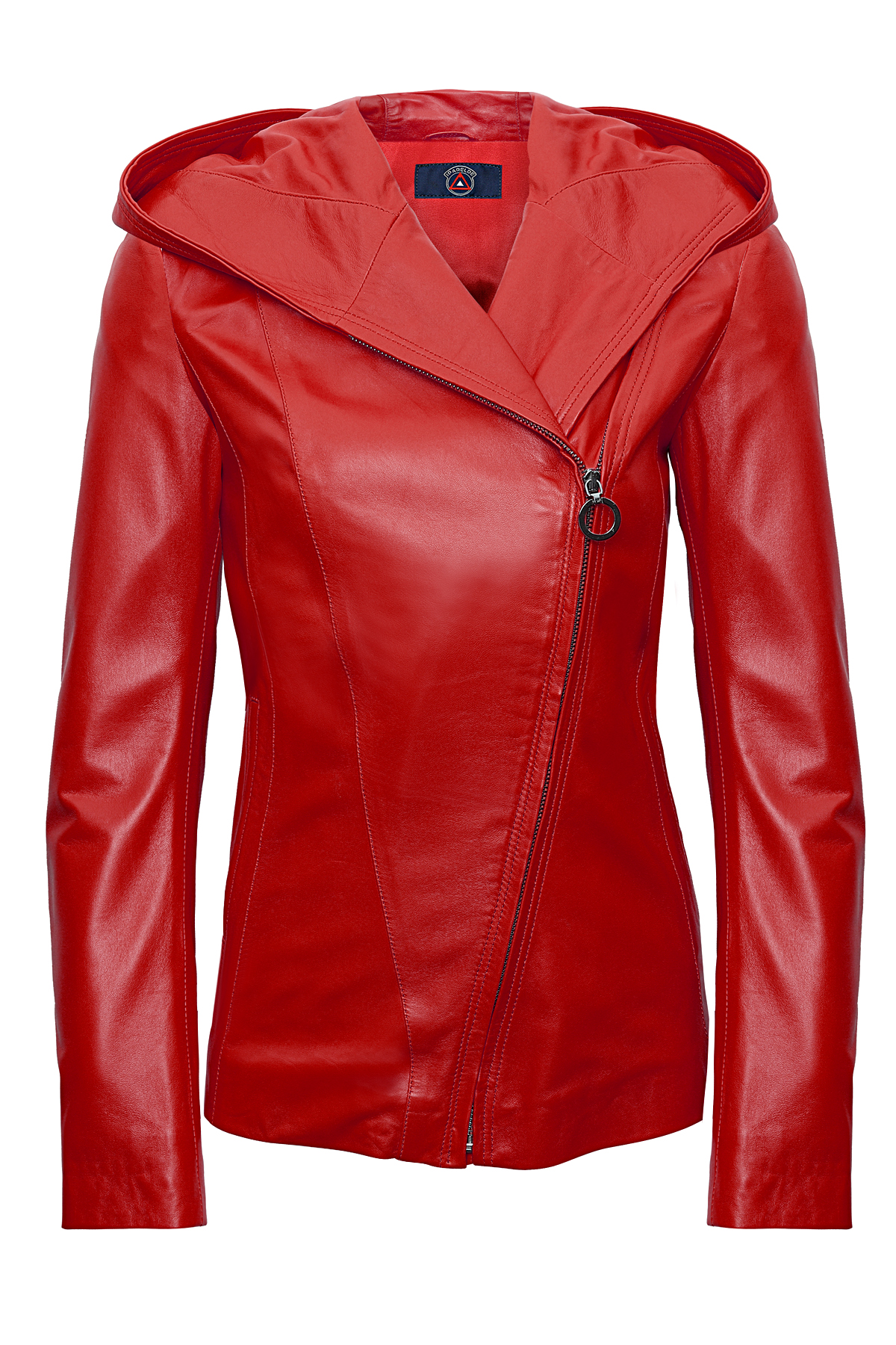 Women's Hooded Red Leather Jacket - Asymmetric Zip