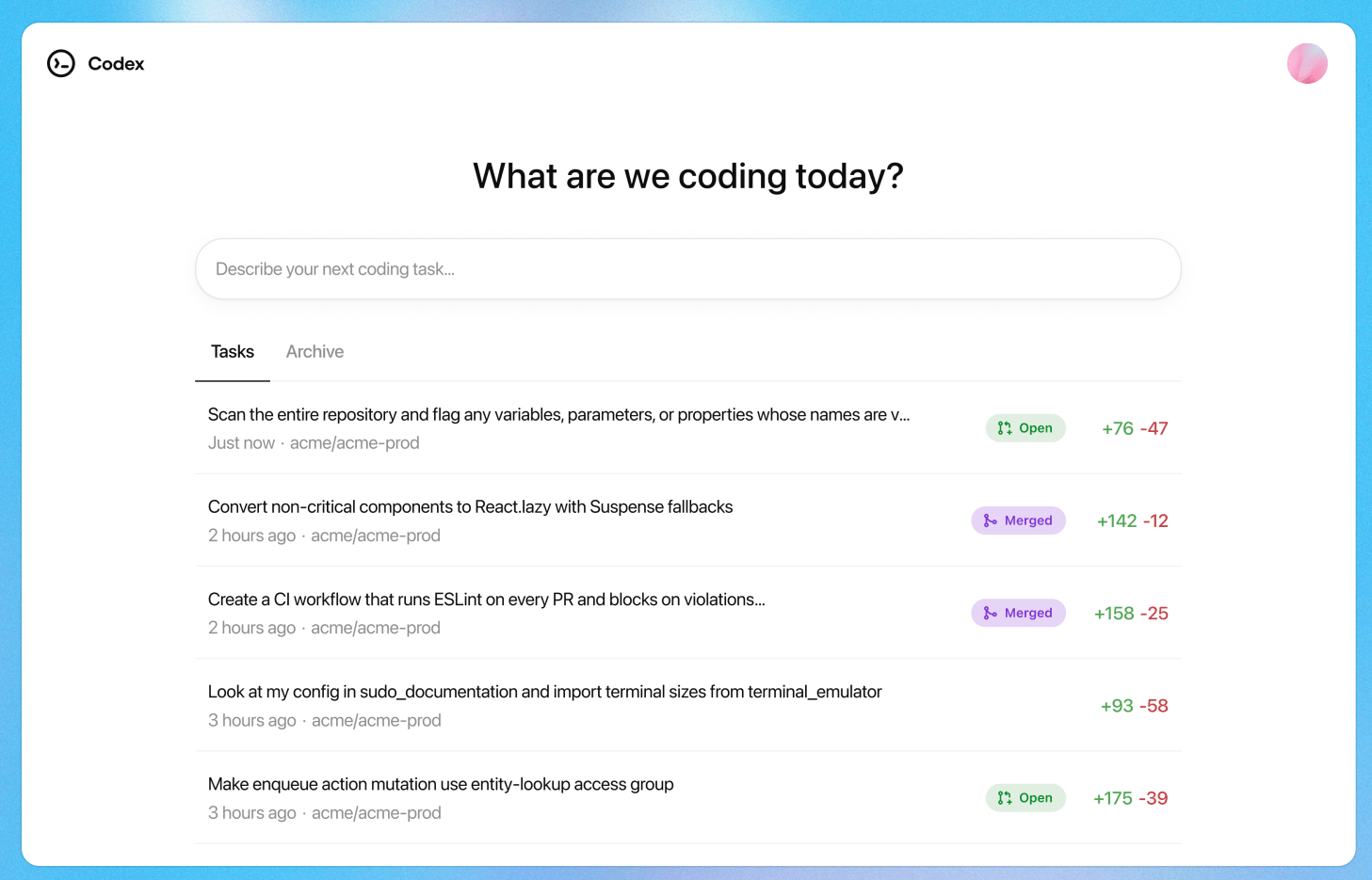 Screenshot of a coding task management interface titled 'Codex', featuring a text input for task description and a list of tasks with their statuses, including open and merged tasks.