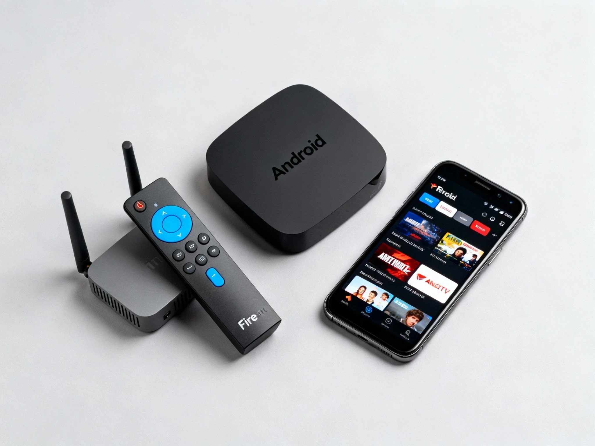 Popular IPTV streaming devices including Firestick, Android TV box, and smartphone apps used by viewers researching the best IPTV providers UK.