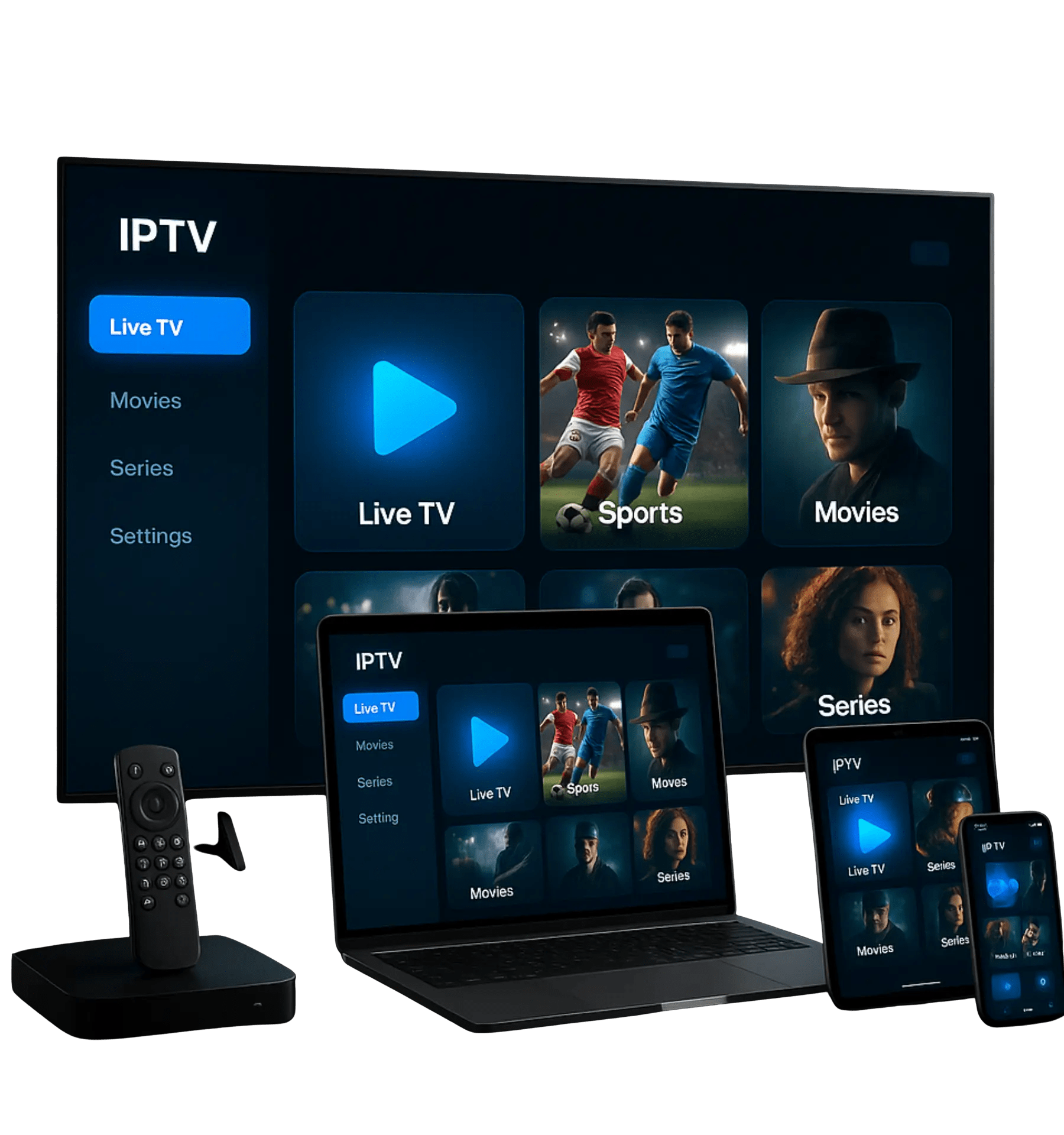 British IPTV service interface shown on smart TV, laptop, tablet and mobile devices for live TV, sports and movies