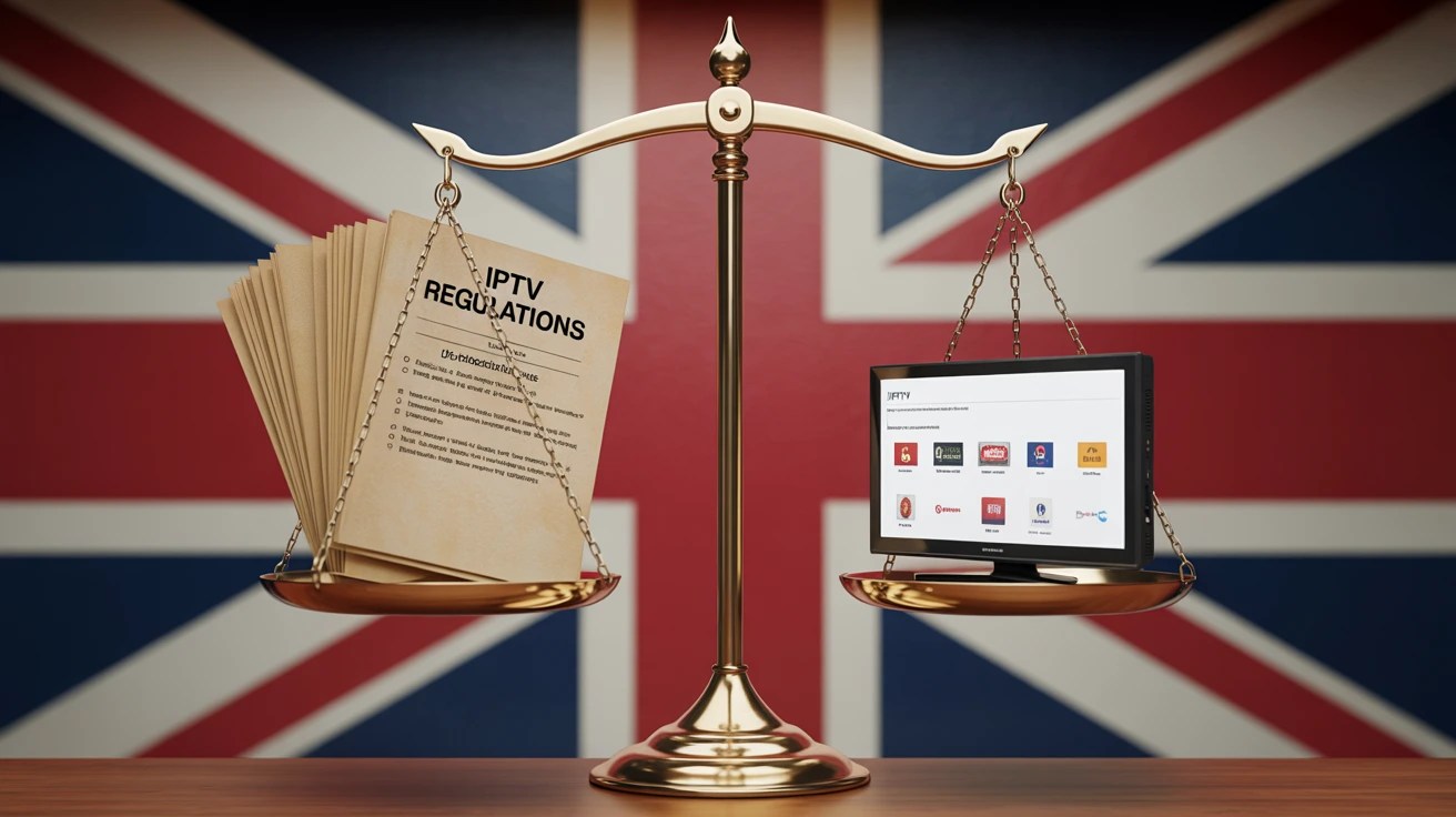 IPTV regulations in the UK represented by legal documents and a TV interface balanced on scales of justice.