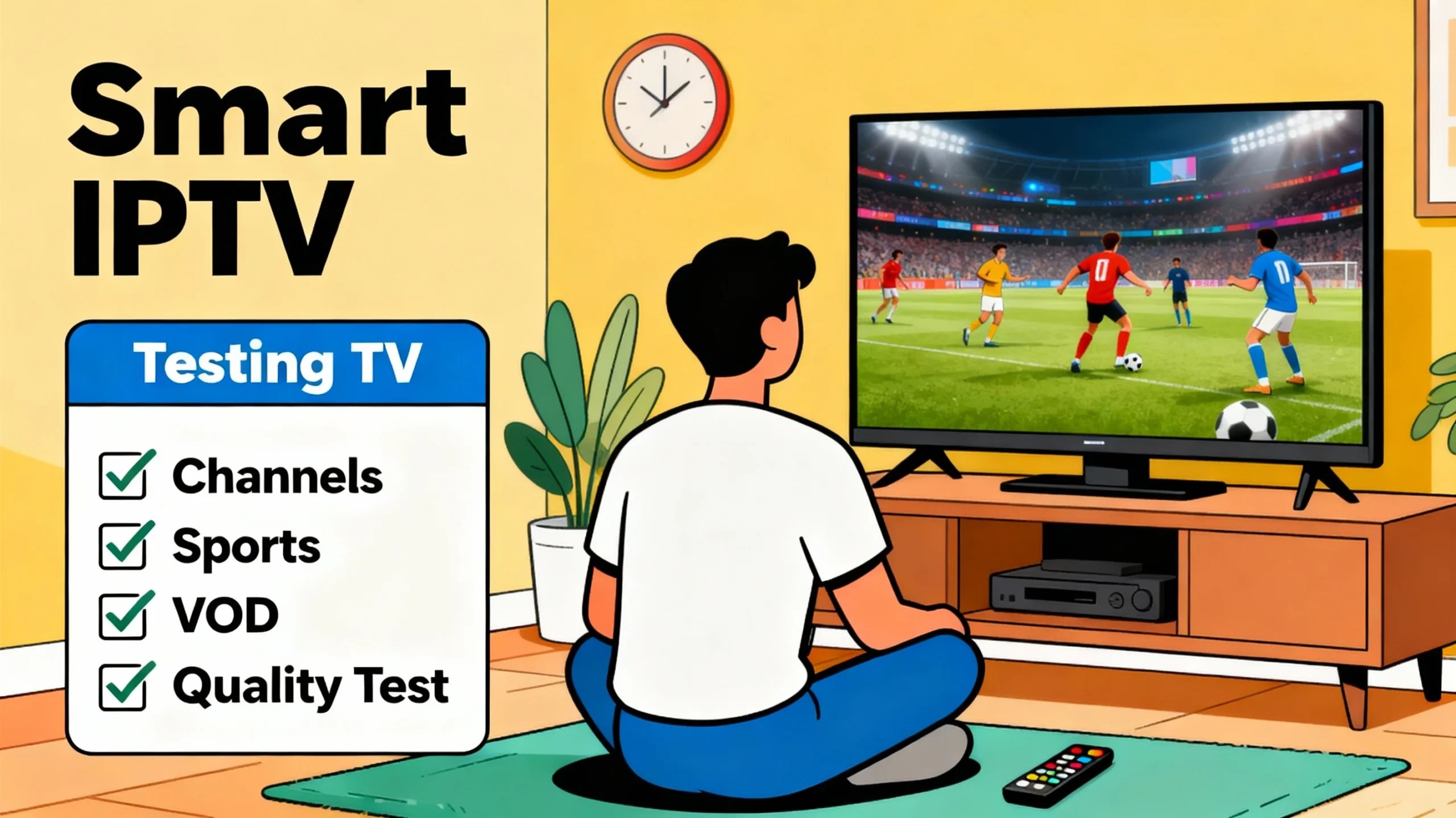 Illustration of a user testing channels, sports, VOD, and quality during IPTV Free Trials on a smart TV.