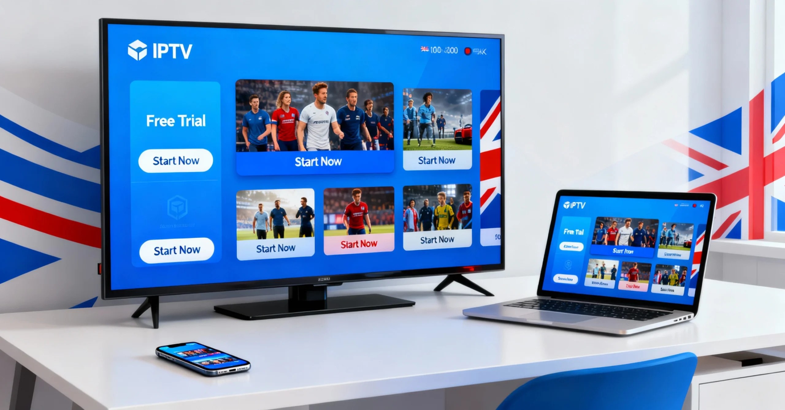 UK IPTV service offering a free trial shown on multiple devices including TV, laptop, and mobile.