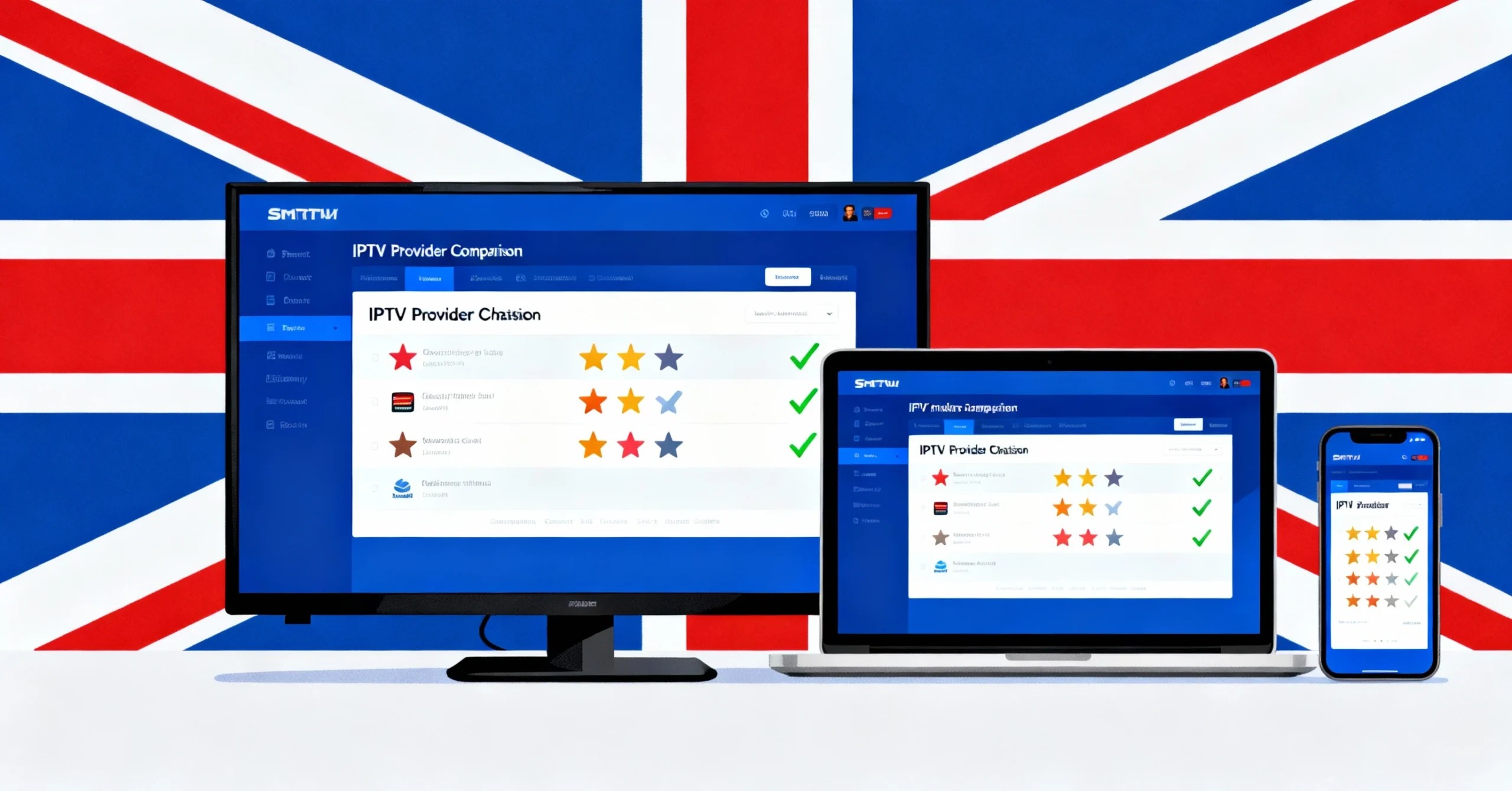 Multiple devices displaying an IPTV providers UK comparison dashboard with blue, red and white UK-inspired design.