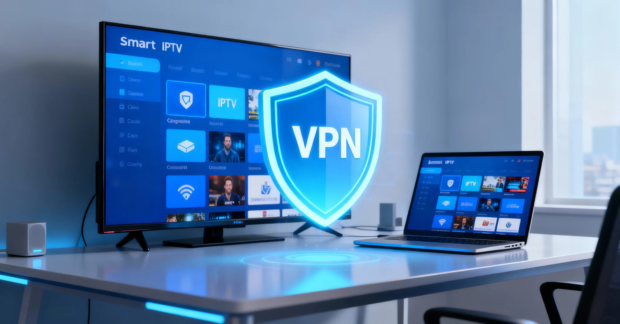 Smart TV and laptop displaying a blue IPTV interface behind a glowing VPN security shield in a futuristic workspace.