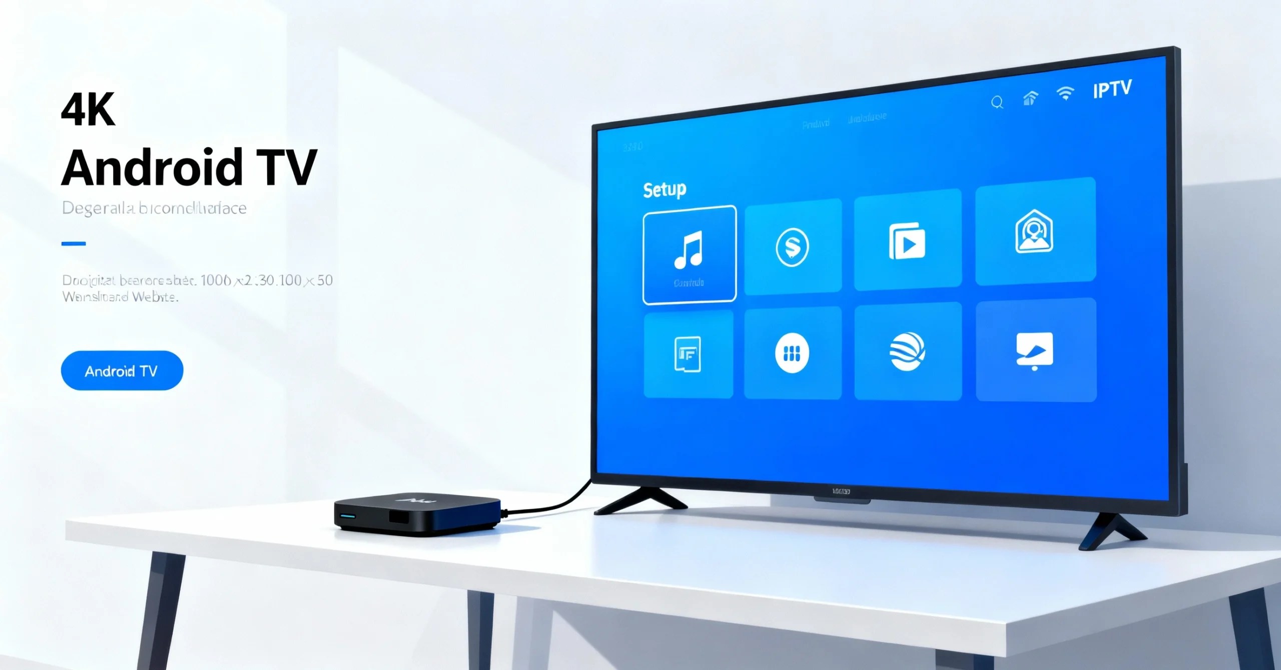 Android TV box connected to a smart TV on a clean desk, showing a blue IPTV setup dashboard on the screen.