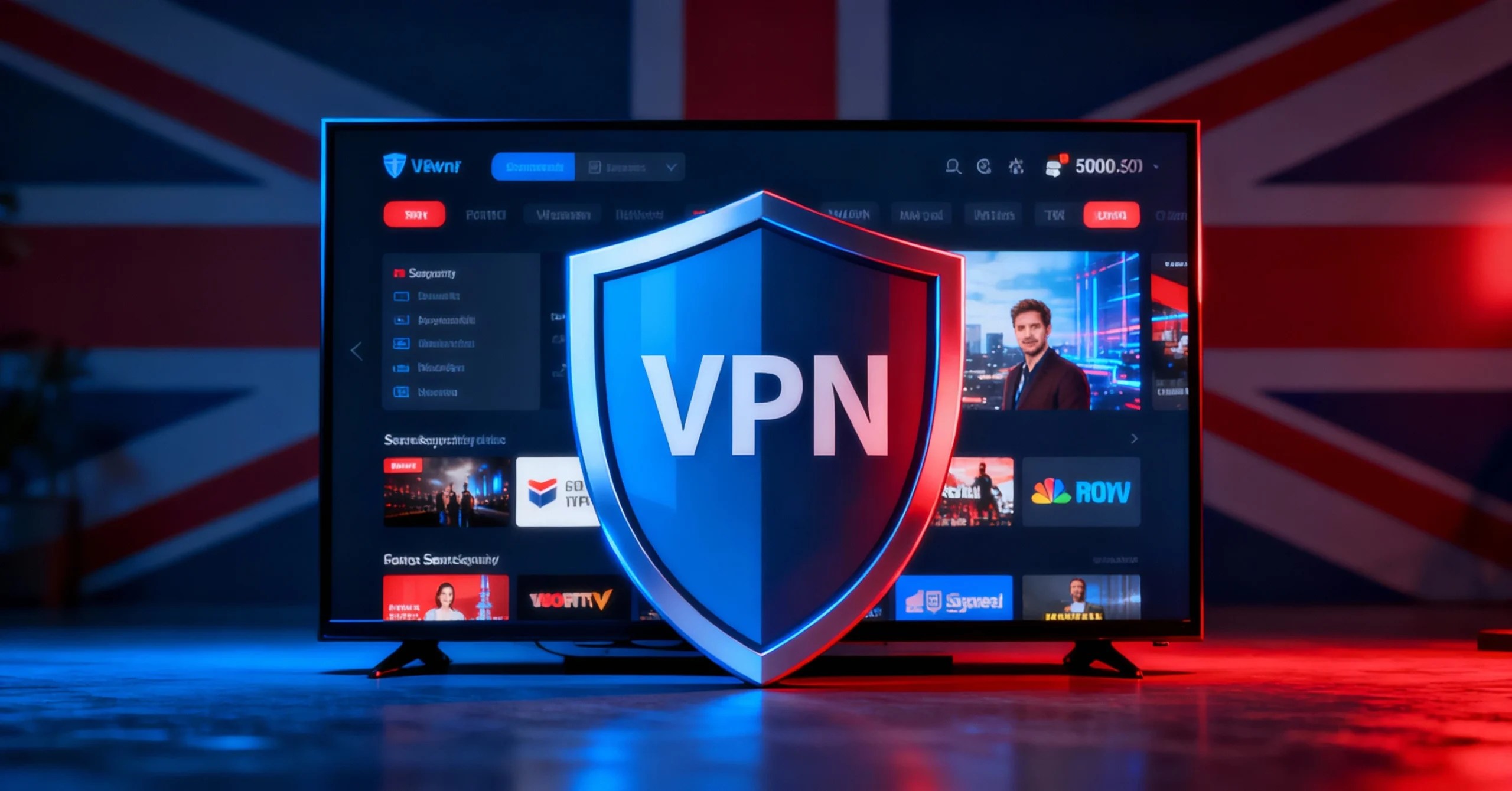 TV streaming dashboard with blue and red UK-themed cyber lighting protected by a glowing VPN shield icon on a dark background.