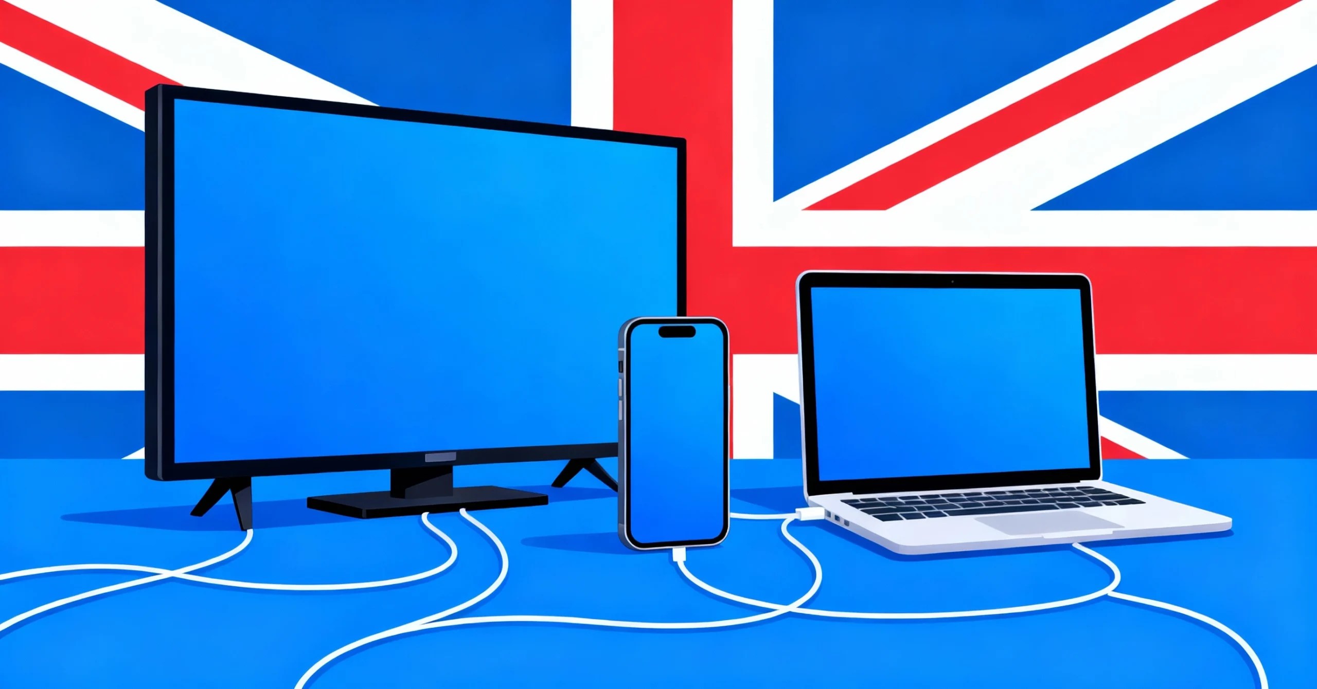 Smart TV, phone and laptop streaming a blue IPTV interface, linked by abstract internet connection lines with subtle UK-themed accents