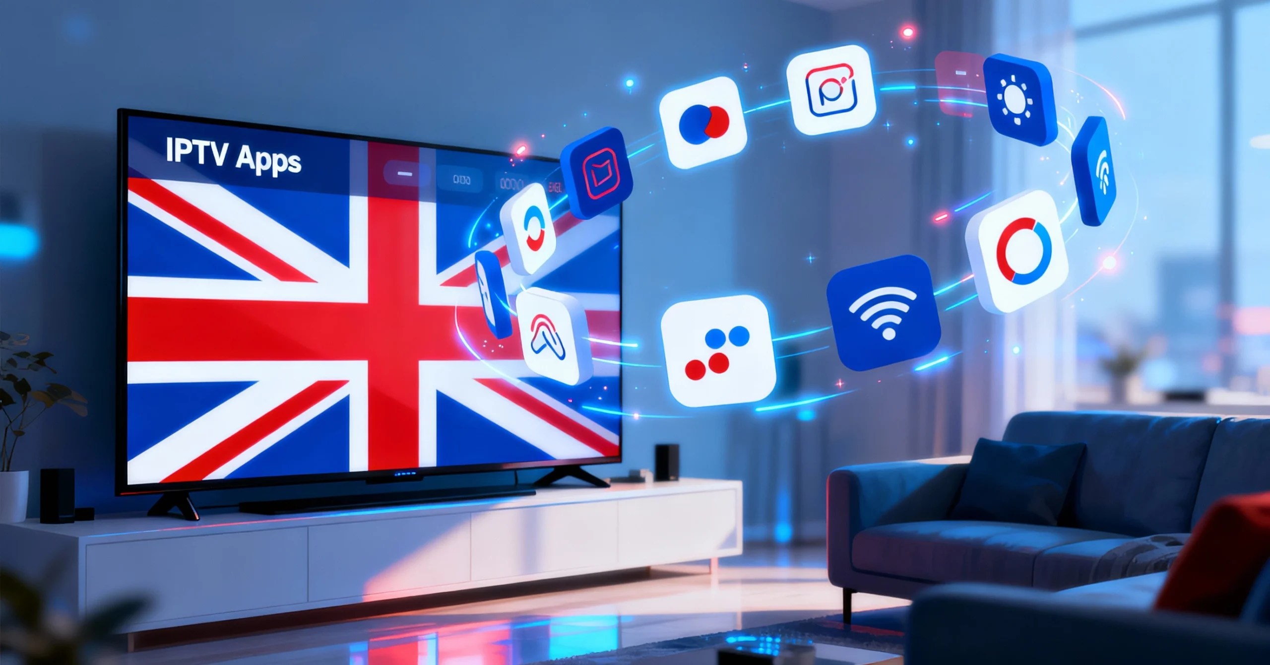 illustration of generic app icons in blue, red, and white UK colors floating above a modern smart TV displaying an 'IPTV Apps' interface, evoking a high-tech streaming atmosphere.