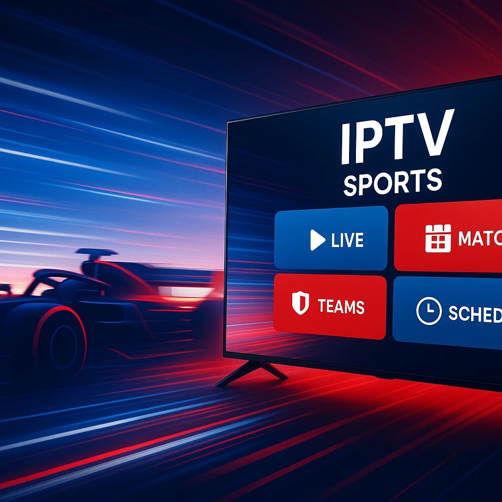 IPTV sports interface displaying live matches and schedules with a racing car in the background Formula 1 IPTV.