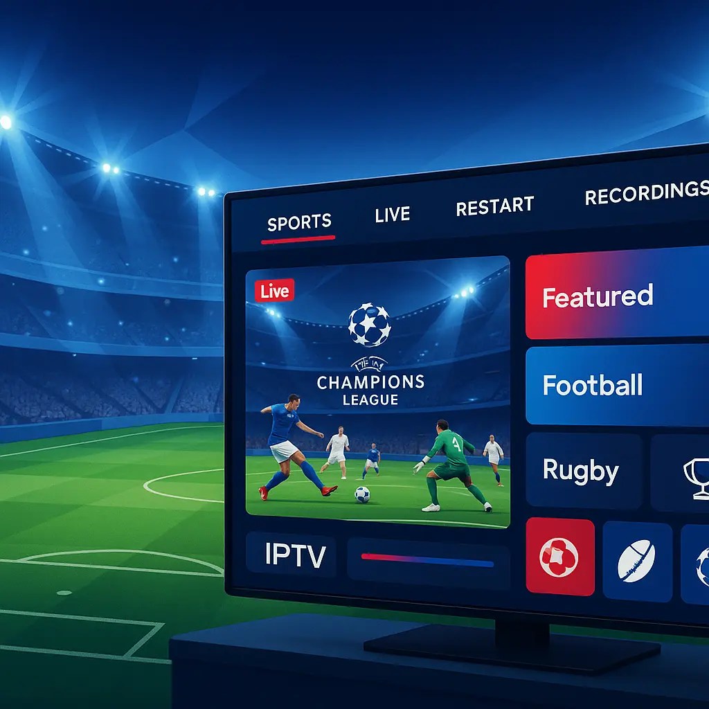 Live Champions League match displayed on IPTV sports interface inside a football stadium.