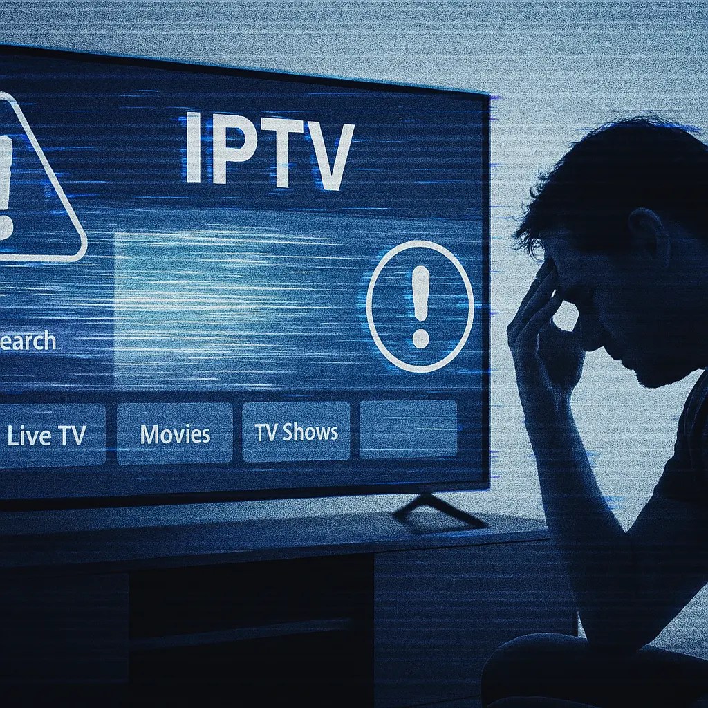 User frustrated while IPTV screen shows an error warning, illustrating IPTV not working issues.