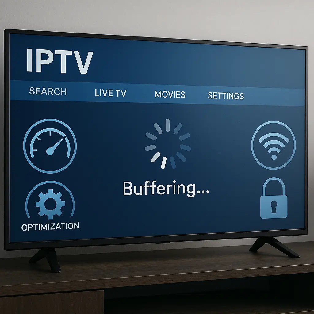 IPTV screen showing buffering symbol and network icons, illustrating IPTV buffering issues.