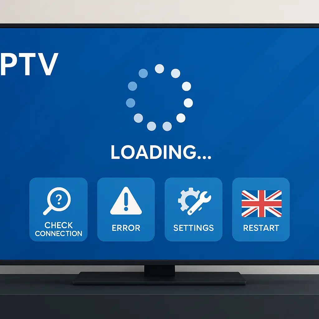 IPTV screen stuck on loading with connection and error icons, illustrating channel not loading issues.