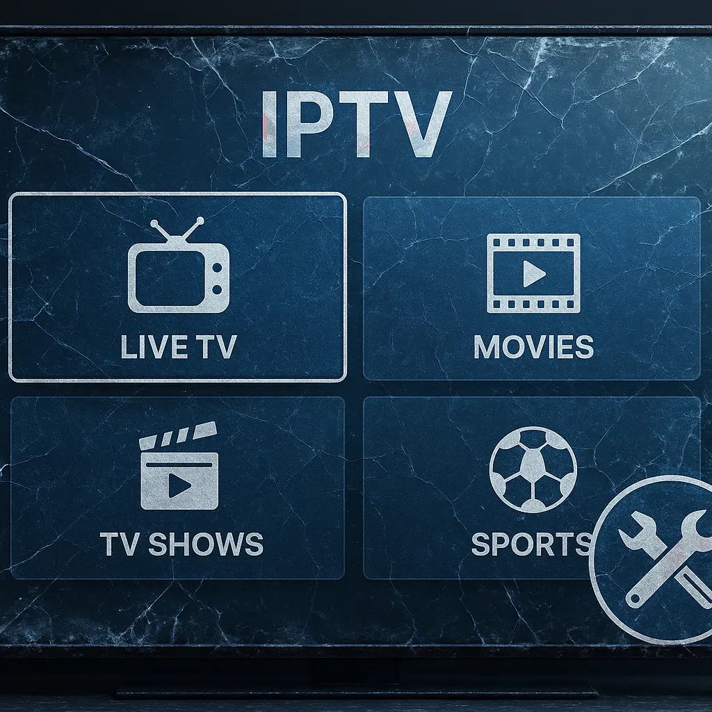 IPTV menu showing live TV, movies, and sports icons with a cracked, frozen screen effect, illustrating IPTV freezing issues.