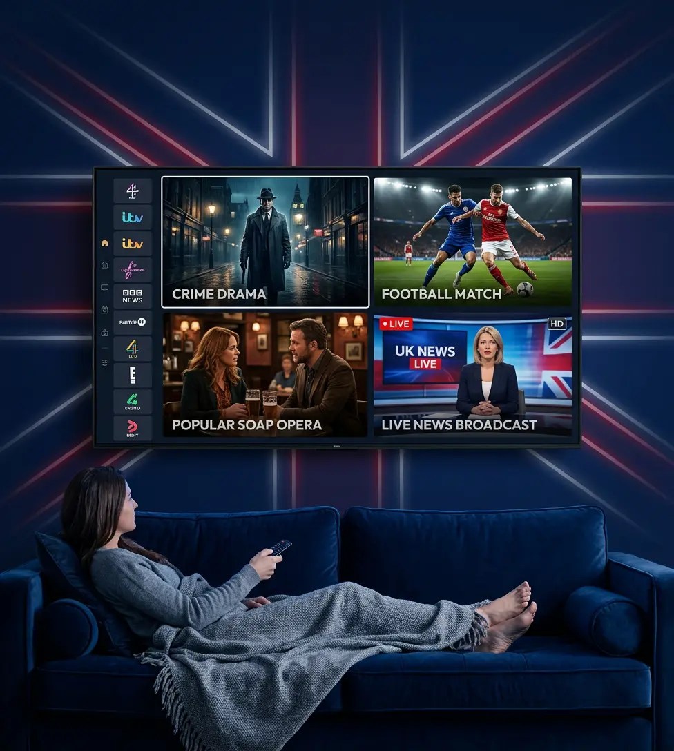 User browsing multiple streaming screens showing entertainment options, illustrating the experience of choosing the Best IPTV UK Subscription for diverse content.
