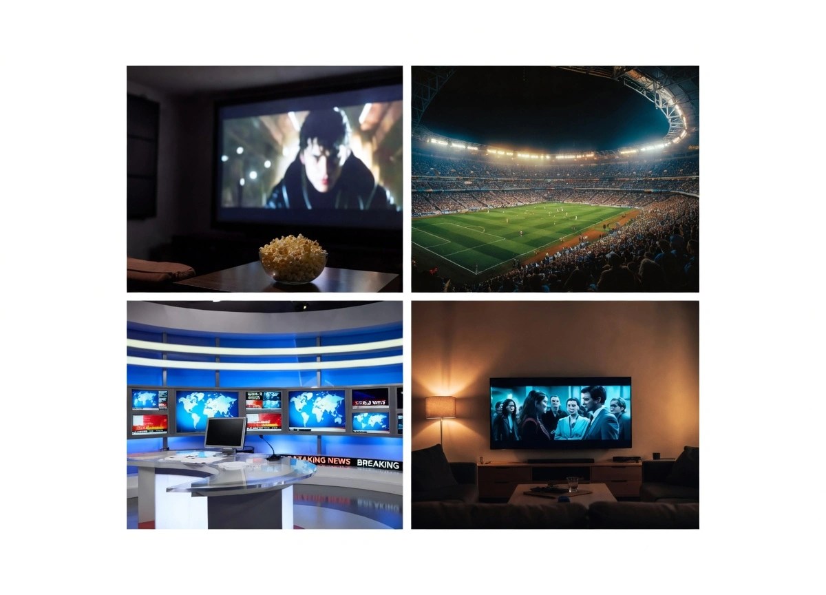 IPTV UK premium subscription collage showing movie night with popcorn on big screen, packed live football stadium, professional news broadcast studio, and cozy family TV viewing in living room