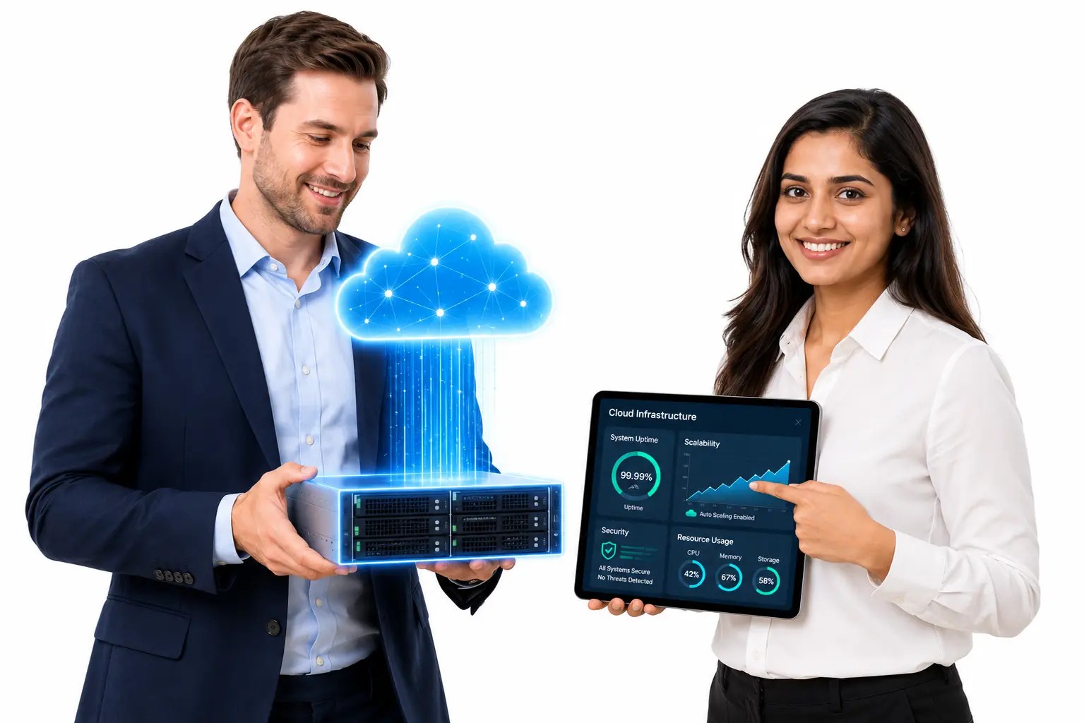 Cloud solutions professionals holding server and tablet showing uptime, scalability, security dashboard