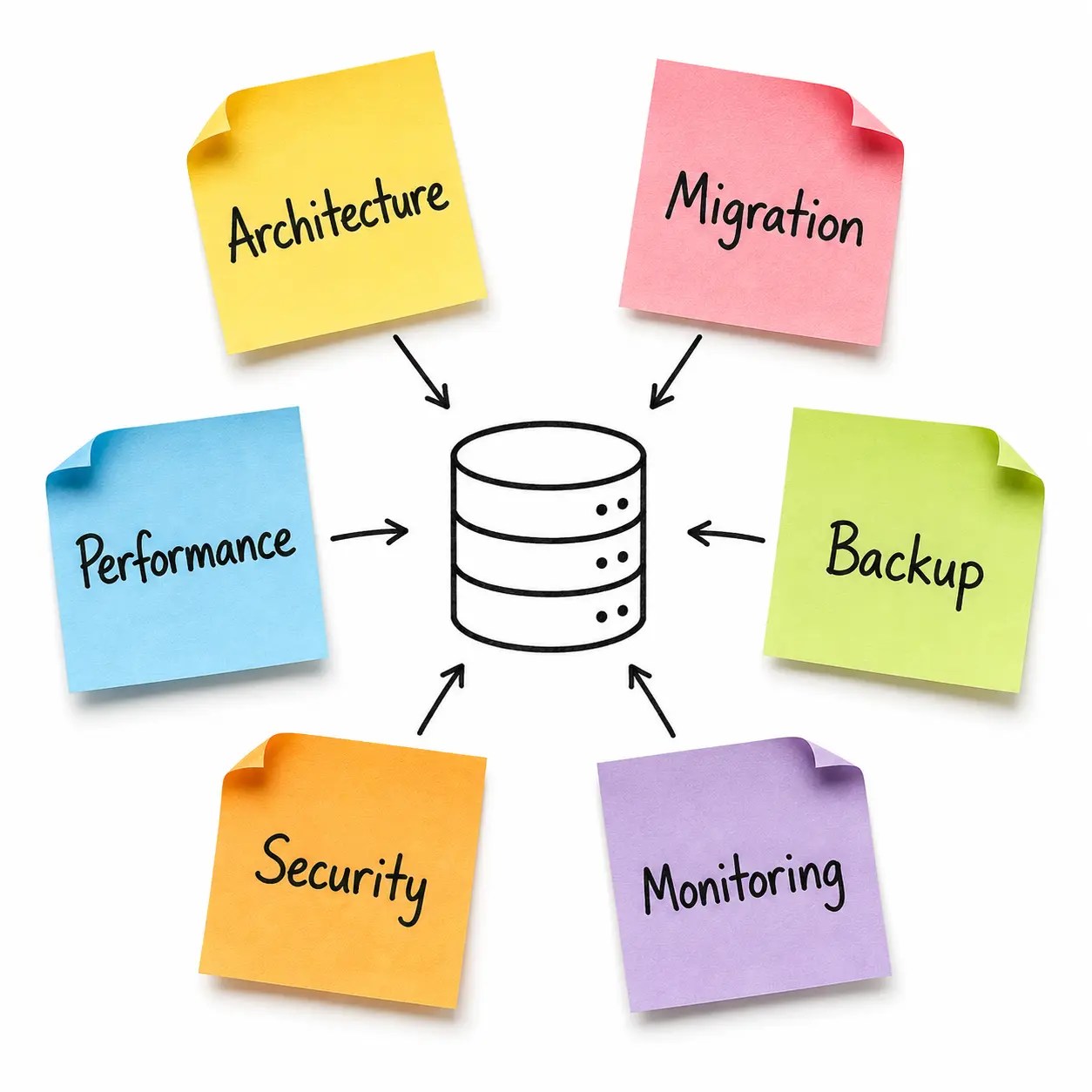 Database solutions sticky notes showing architecture, migration, security, performance, backup, and monitoring
